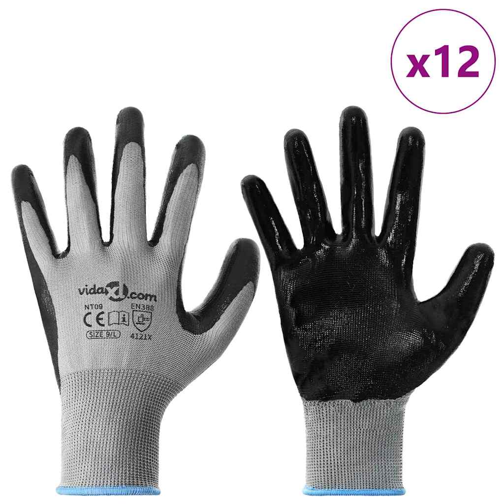 Γάντια Εργασίας 12 pcs Γκρι και Μαύρο 9 / l Πολυεστέρας - Pakobazaar
