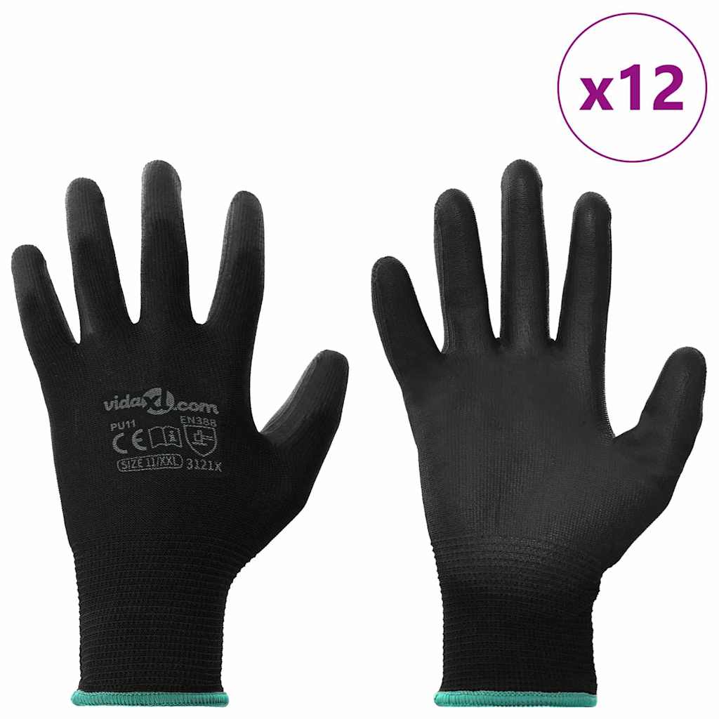 Γάντια Εργασίας 12 pcs Μαύρο 11 / XXL Πολυεστέρας - Pakobazaar