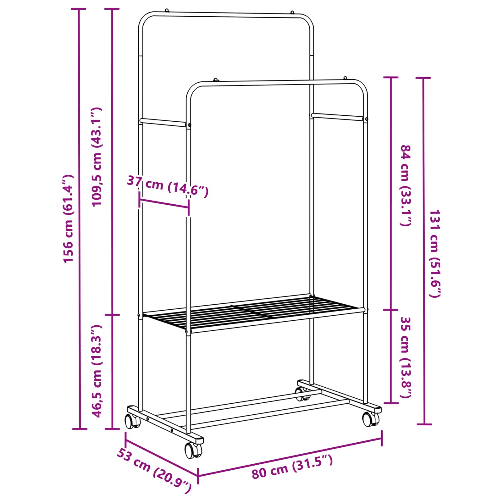 Ράφι Ρούχων με ράφι με τροχούς Λευκό 80 x 53 x 156 εκ - Pakobazaar
