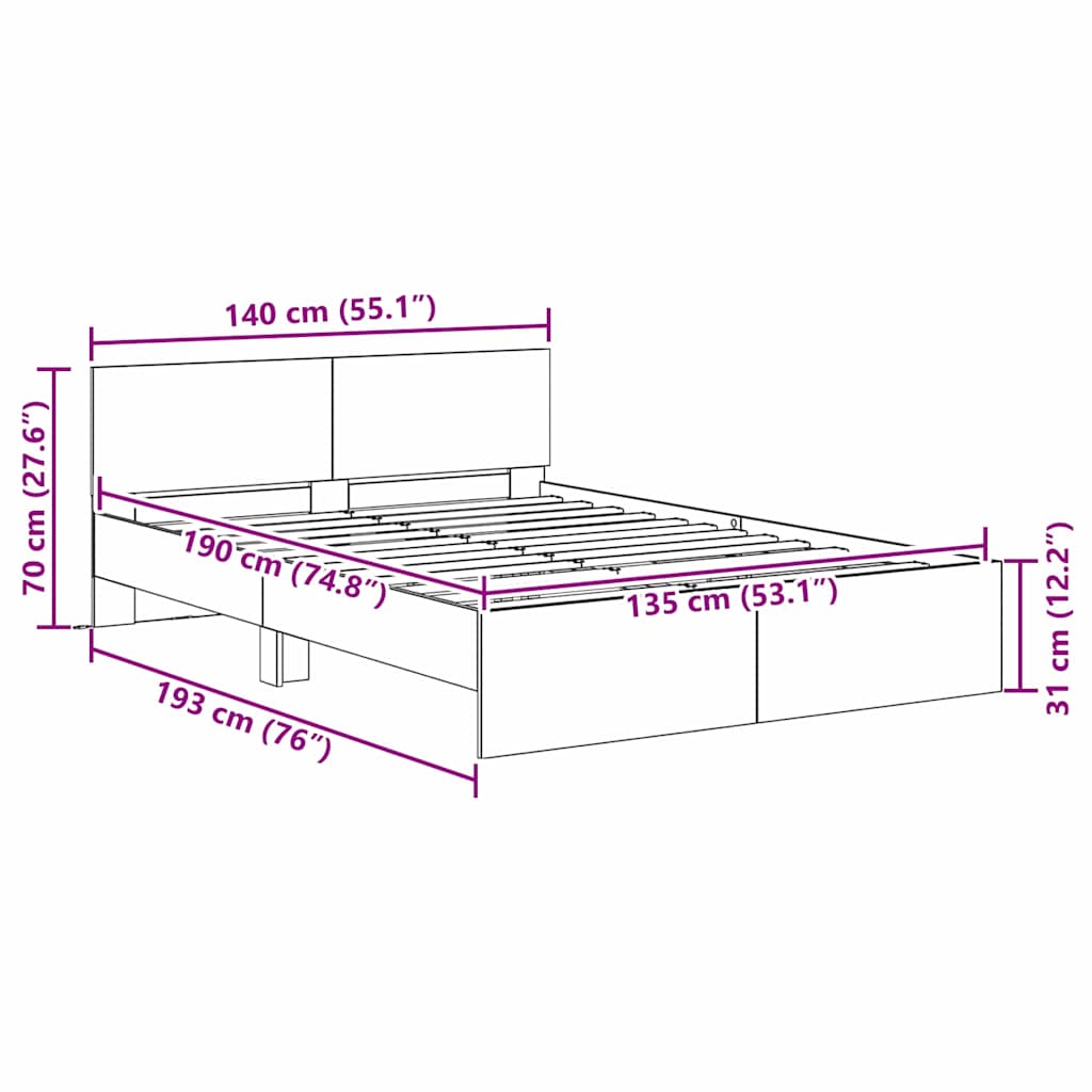 Σκελετός Κρεβατιού Μαύρη Οξυά 135 x 190 cm Επεξεργασμένο ξύλο