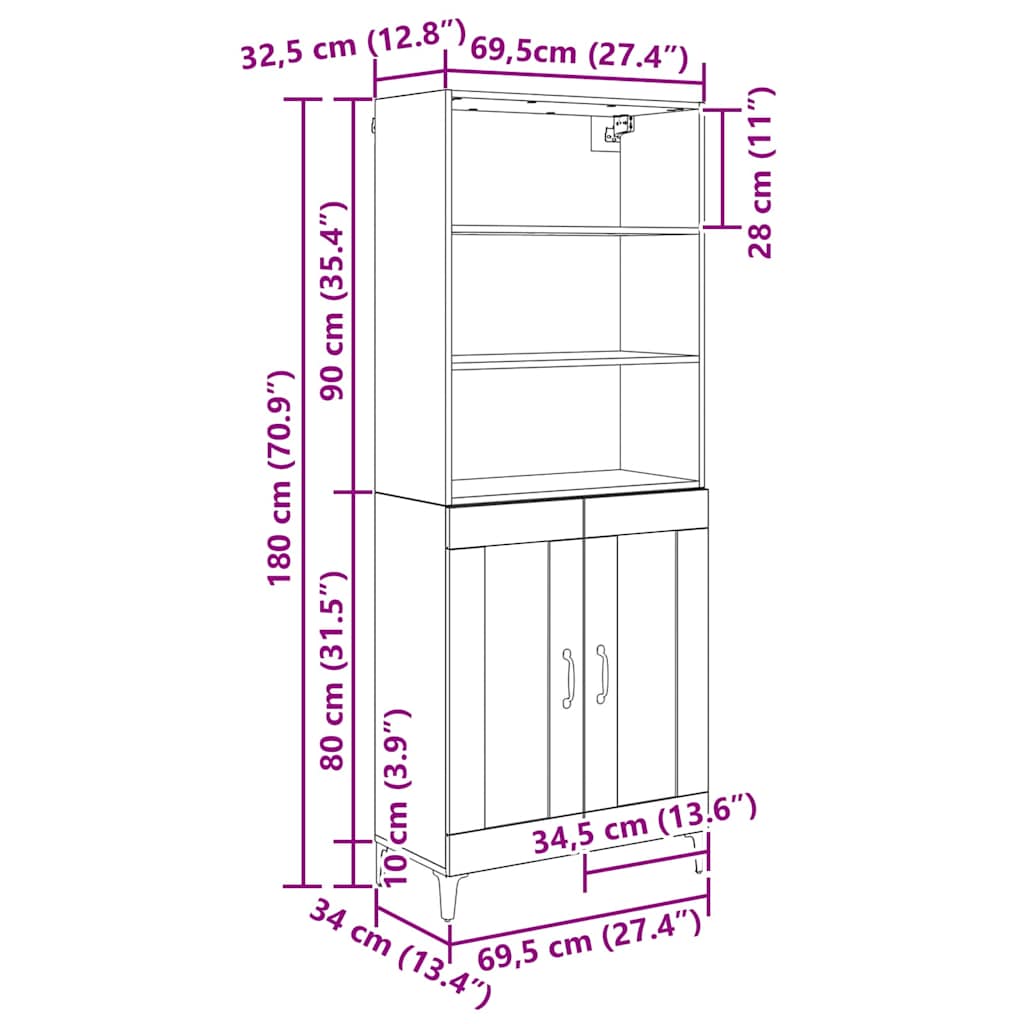 Highboard 2 pcs Μαύρη δρυς Επεξεργασμένο ξύλο