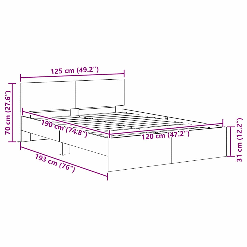 Σκελετός Κρεβατιού Παλιό Ξύλο 120 x 190 cm Επεξεργασμένο ξύλο