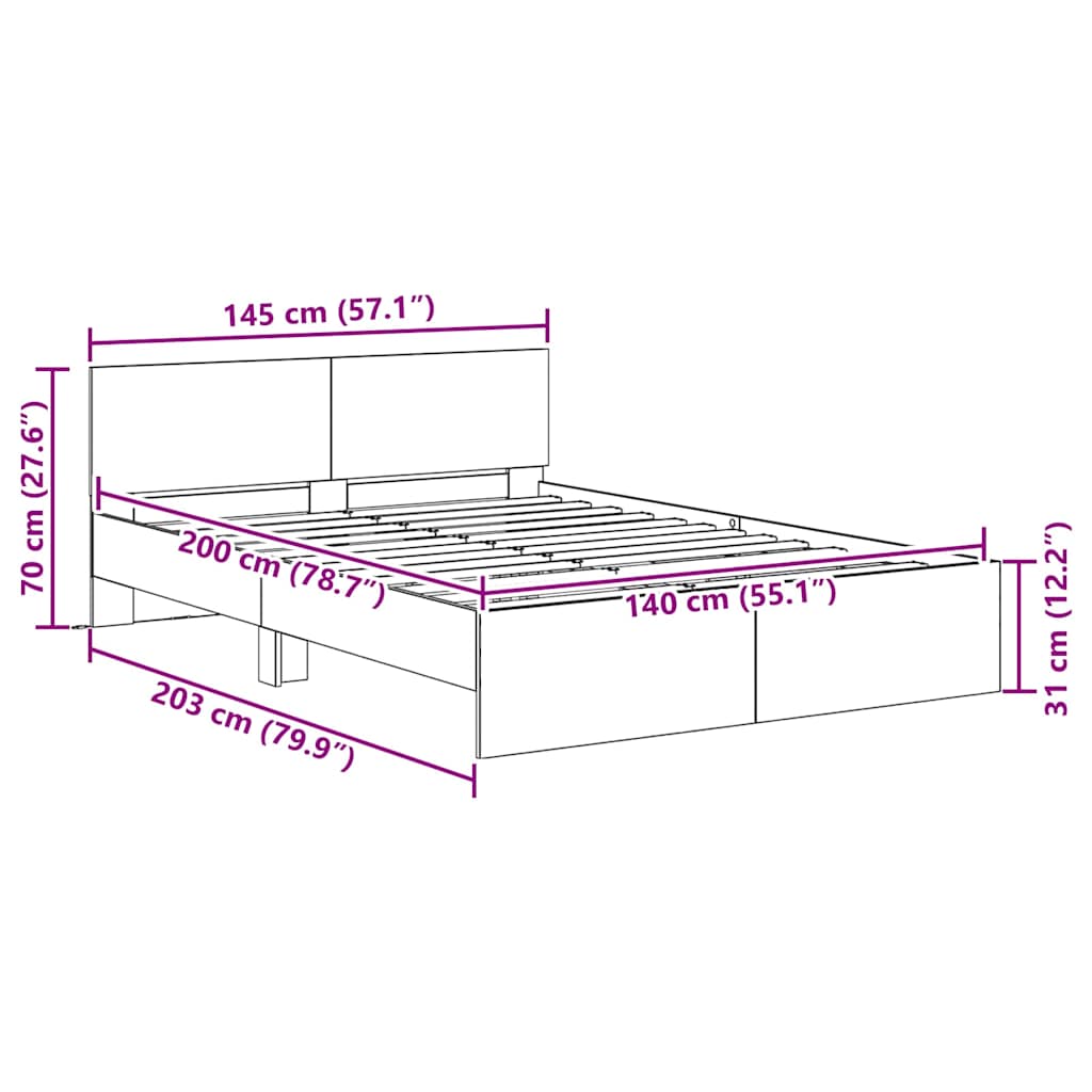 Σκελετός Κρεβατιού Μαύρη Οξυά 140 x 200 cm Επεξεργασμένο ξύλο