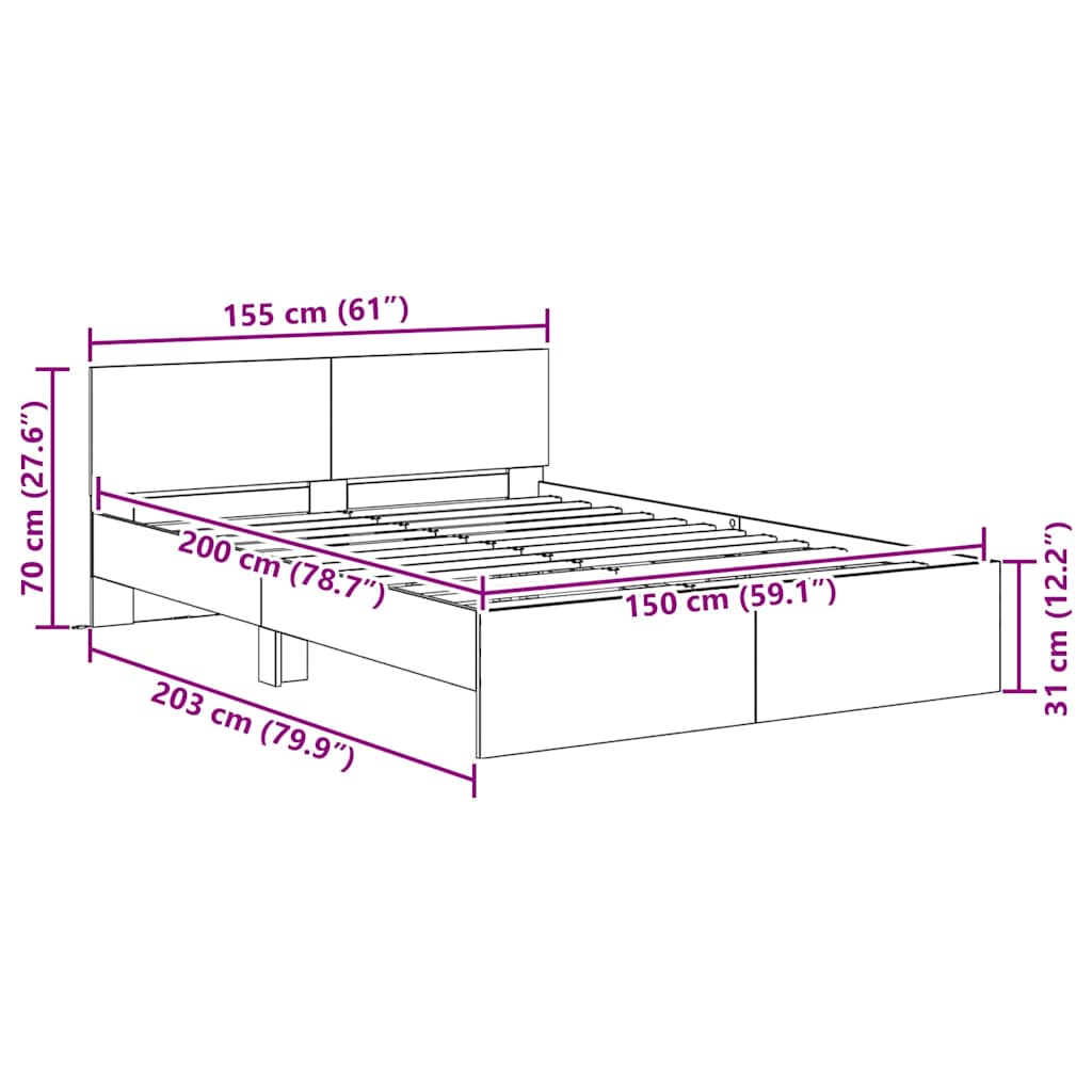 Σκελετός Κρεβατιού Μαύρη Οξυά 150 x 200 cm Επεξεργασμένο ξύλο - Pakobazaar