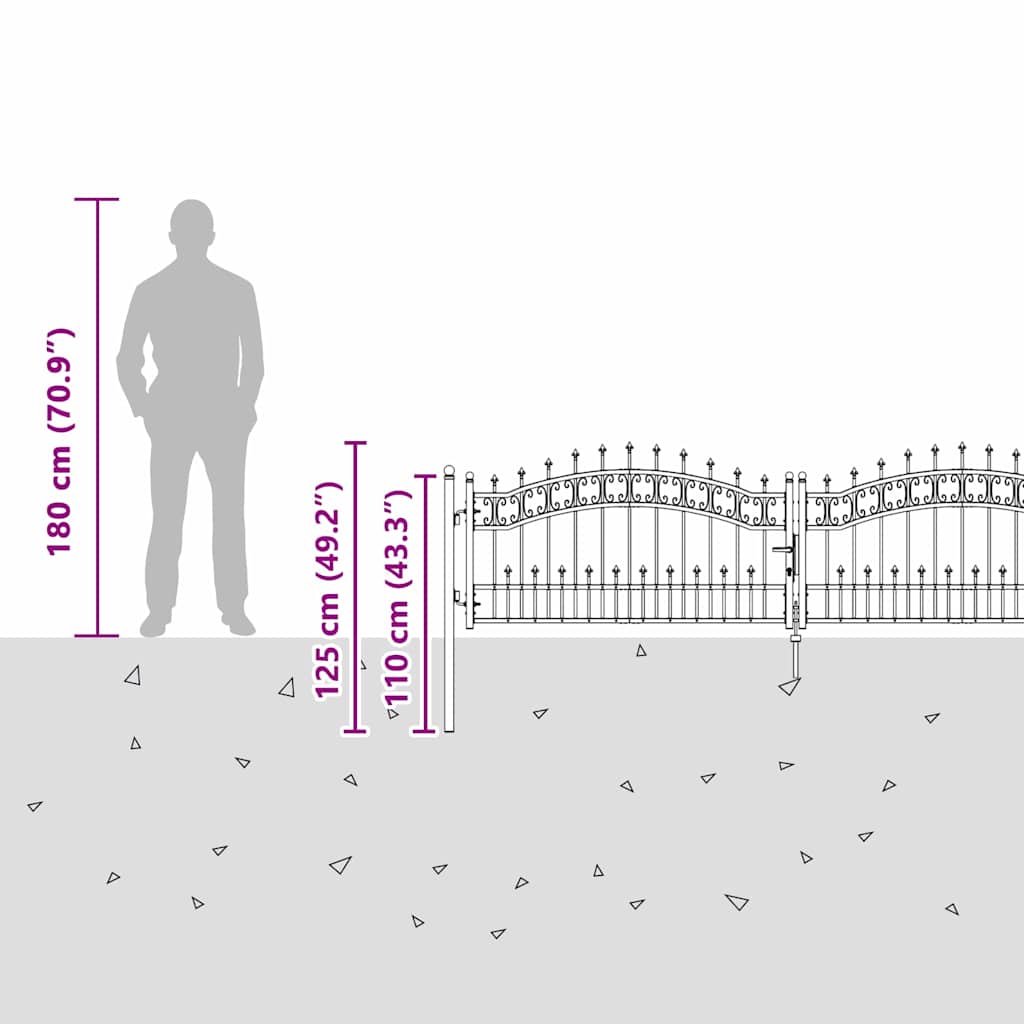 Πύλη Φράχτη με Στρογγυλή Κορυφή Γκρι 305 x 75 εκ. Ατσάλι