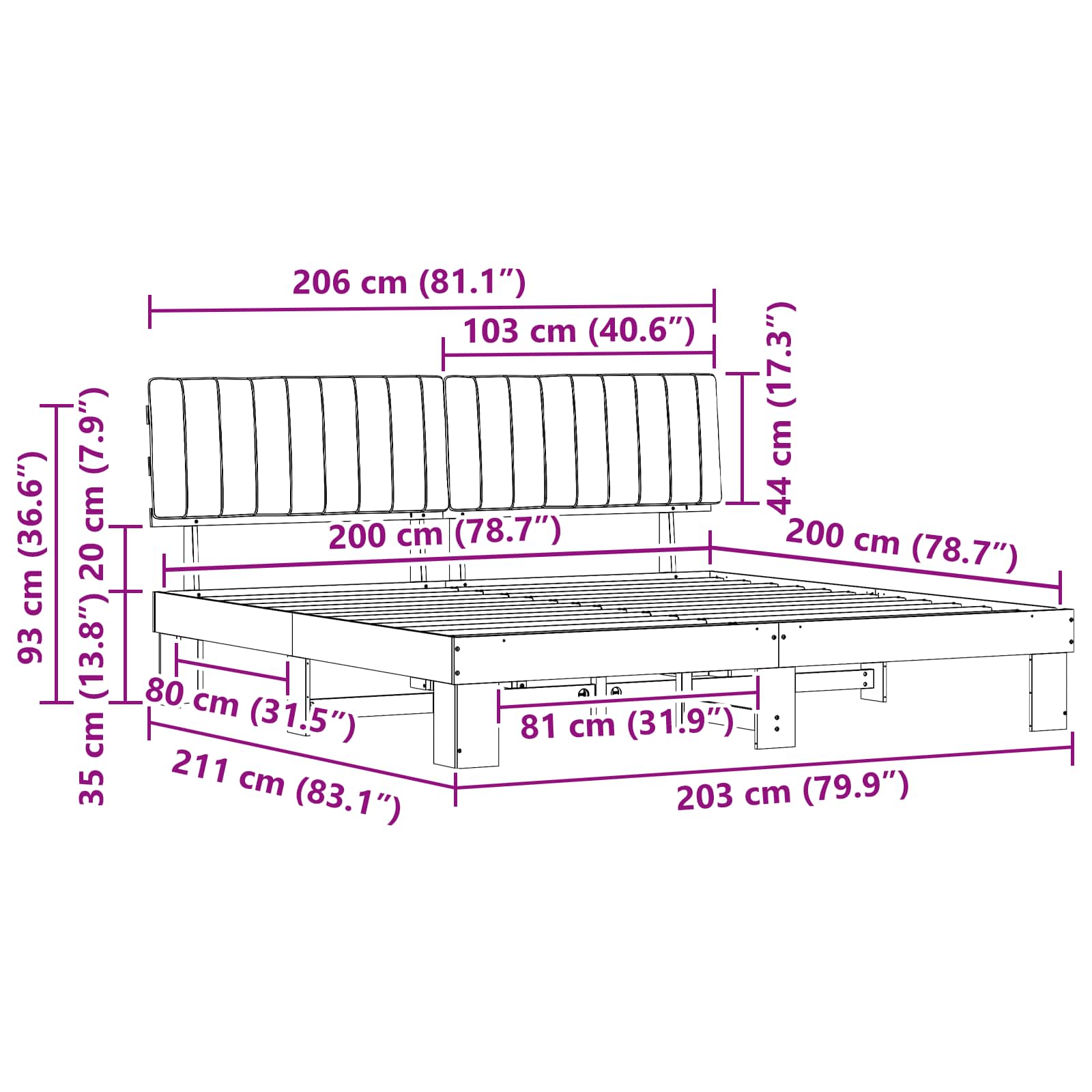 Σκελετός Κρεβατιού με Επενδεδυμένο Κεφαλάρι Μαύρο 200 x 200 cm