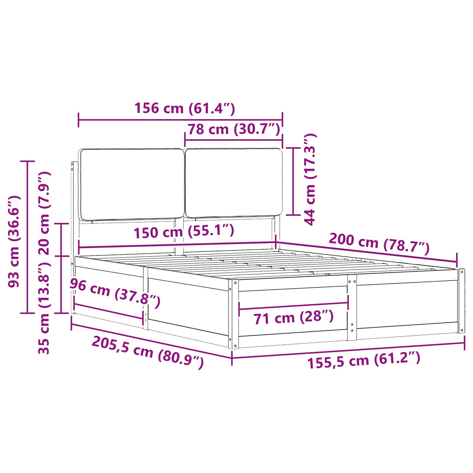 Σκελετός Κρεβατιού με Επενδεδυμένο Κεφαλάρι Μαύρο 150 x 200 cm