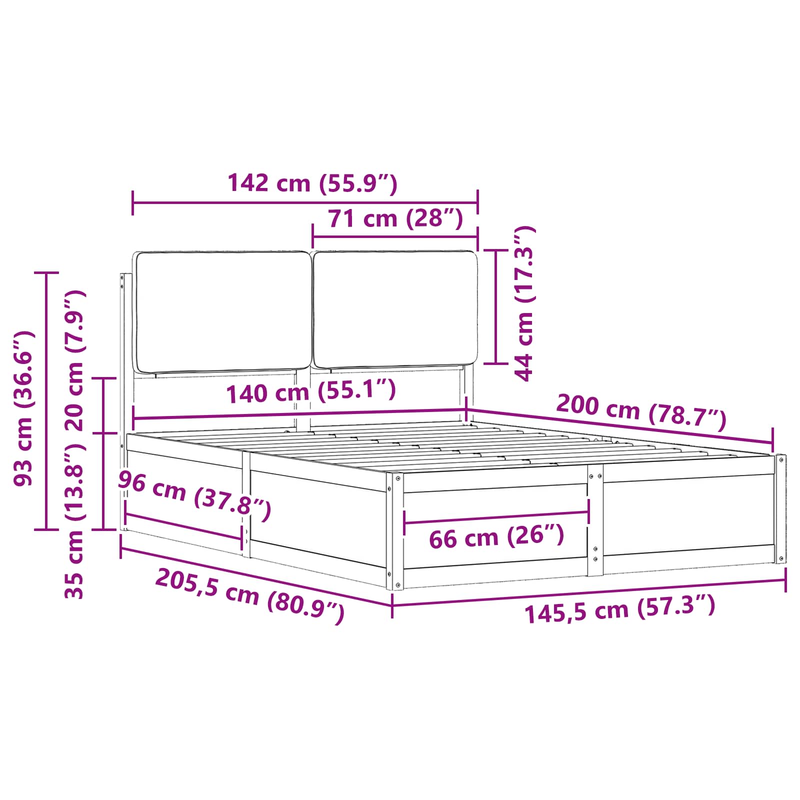 Σκελετός Κρεβατιού με Επενδεδυμένο Κεφαλάρι Μαύρο 140 x 200 cm
