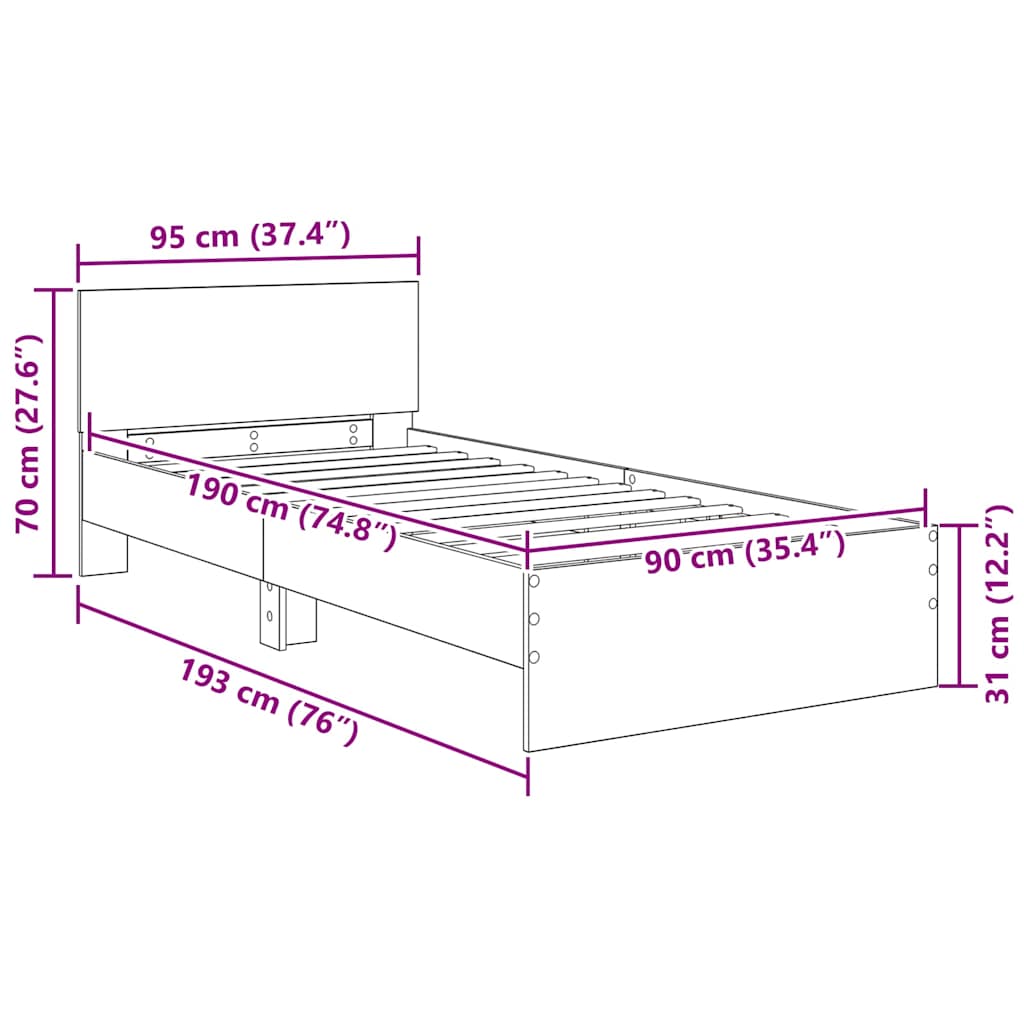 Σκελετός Κρεβατιού Παλιό Ξύλο 90 x 190 cm Επεξεργασμένο ξύλο - Pakobazaar