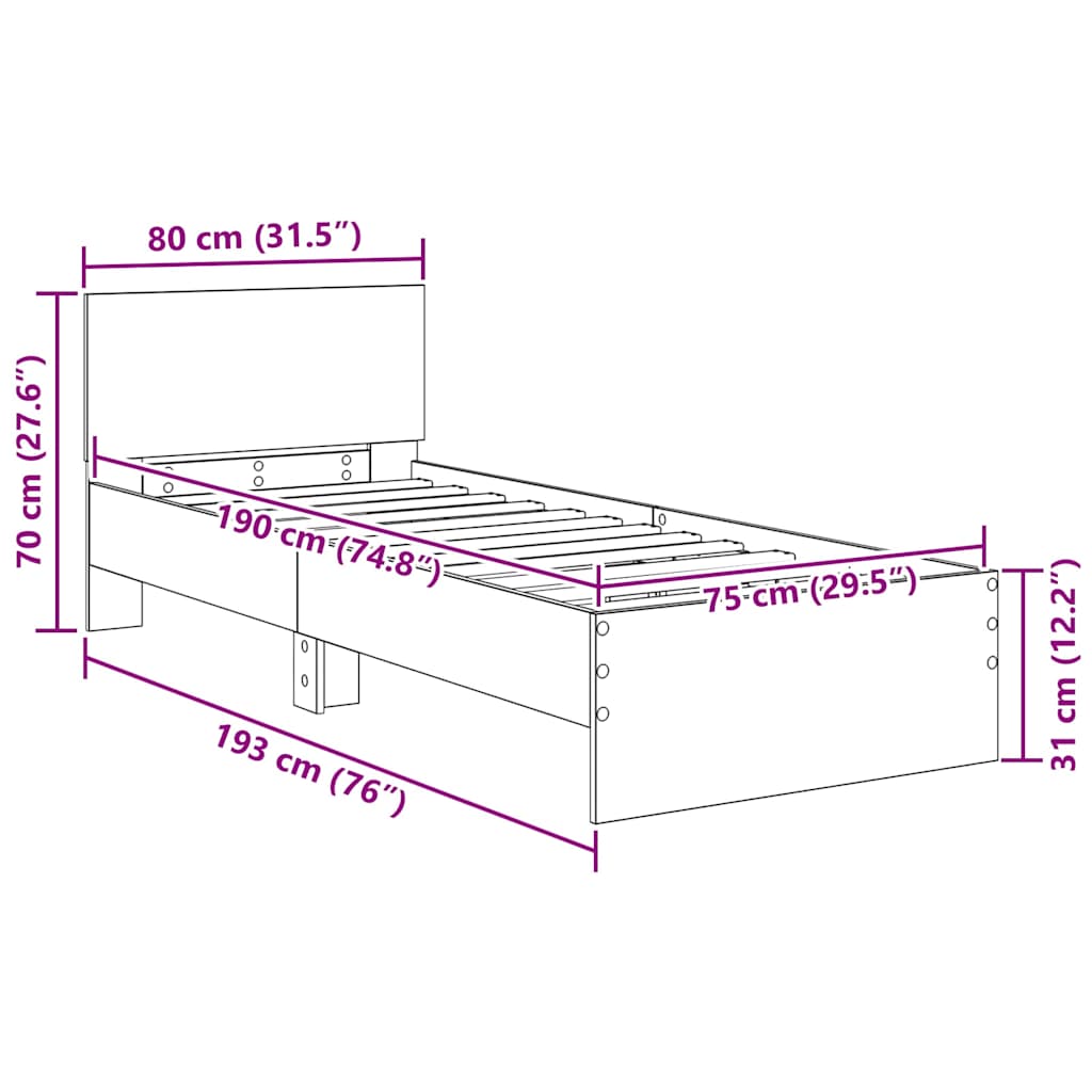 Σκελετός Κρεβατιού Παλιό Ξύλο 75 x 190 cm Επεξεργασμένο ξύλο - Pakobazaar