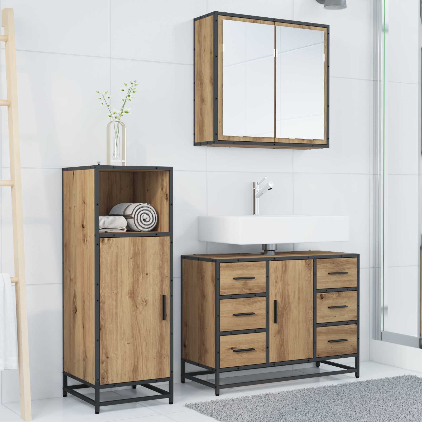 Σετ Επίπλων Μπάνιου 3 pcs Artisan Oak Επεξεργασμένο ξύλο - Pakobazaar