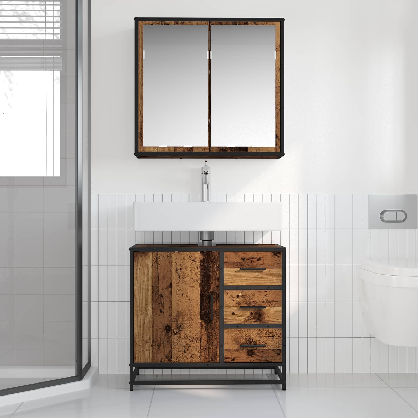 Σετ Επίπλων Μπάνιου με ράφι 2 pcs Παλιό Ξύλο Επεξεργασμένο ξύλο - Pakobazaar