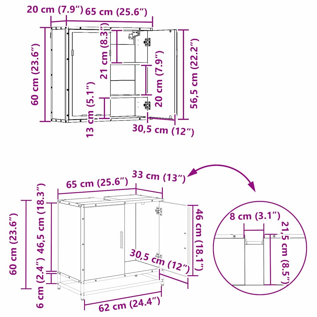 Σετ Επίπλων Μπάνιου με ράφι 3 pcs Παλιό Ξύλο Επεξεργασμένο ξύλο
