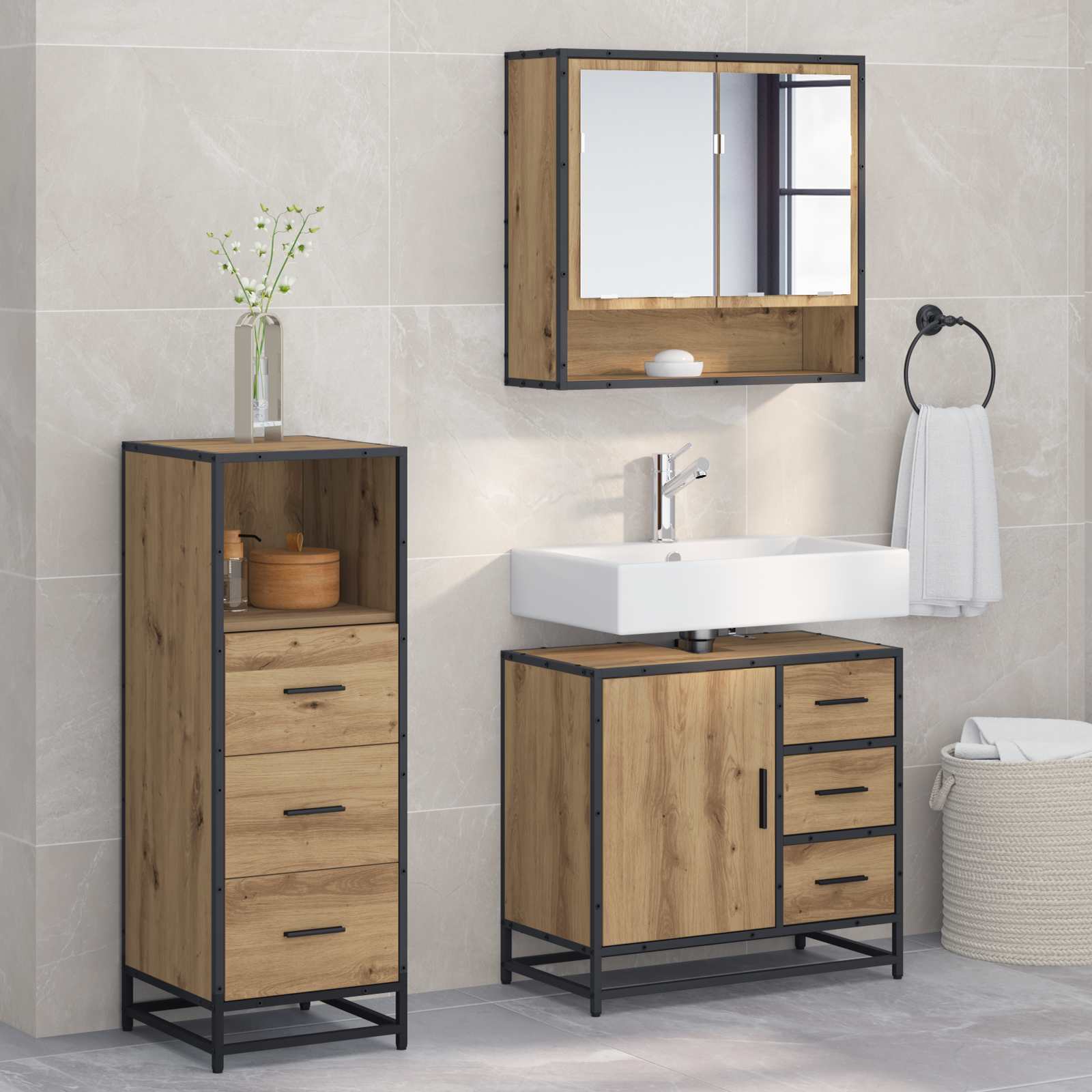 Σετ Επίπλων Μπάνιου 3 pcs Artisan Oak Επεξεργασμένο ξύλο - Pakobazaar