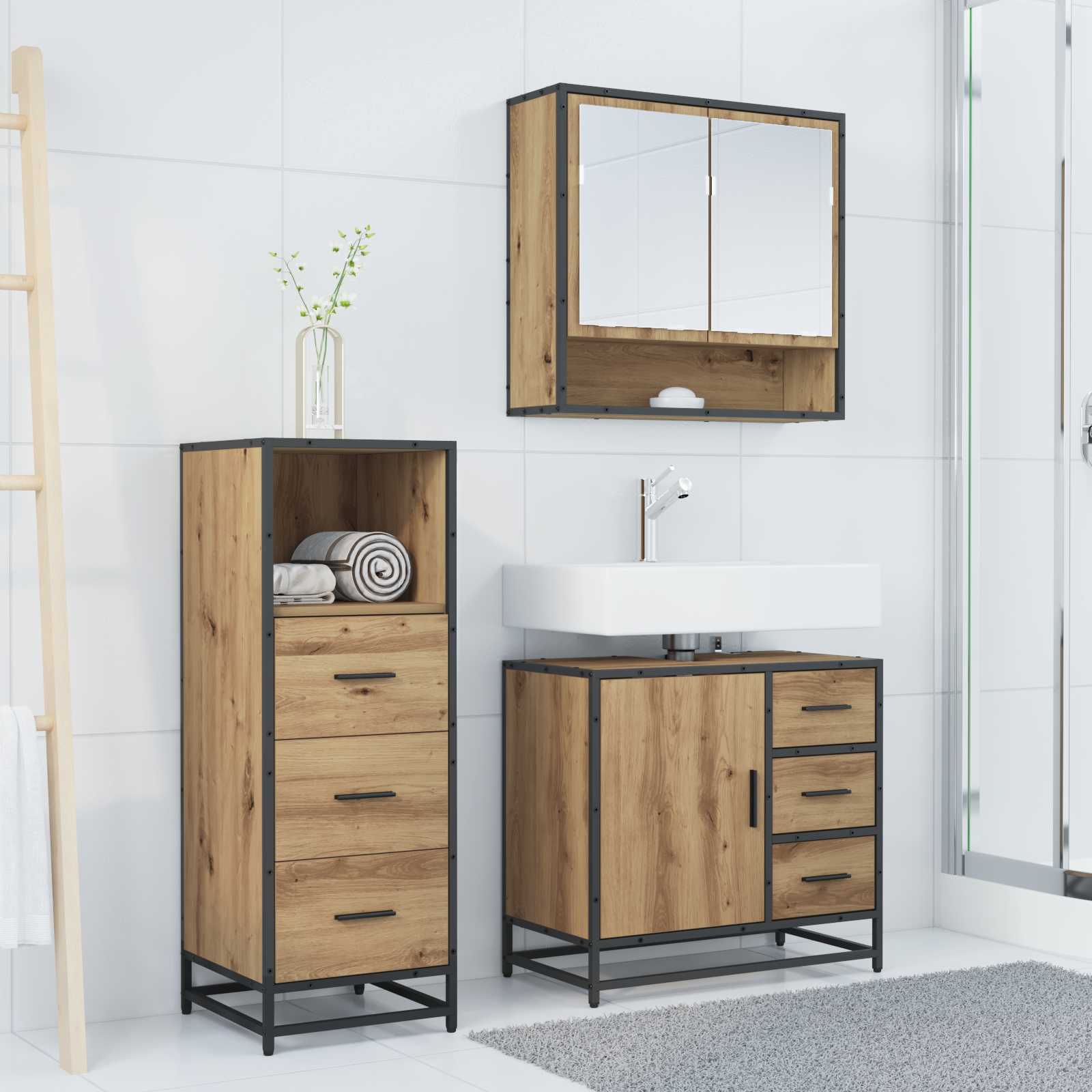 Σετ Επίπλων Μπάνιου 3 pcs Artisan Oak Επεξεργασμένο ξύλο - Pakobazaar