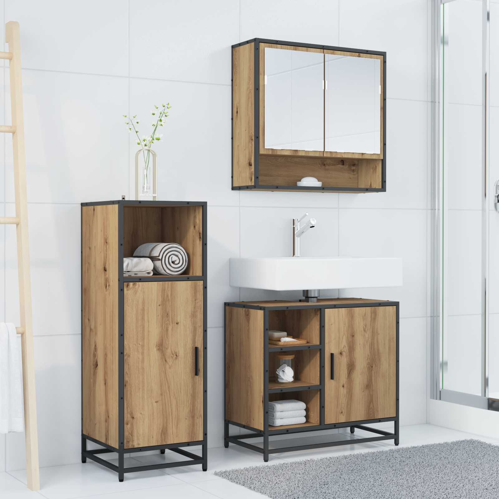 Σετ Επίπλων Μπάνιου 3 pcs Artisan Oak Επεξεργασμένο ξύλο - Pakobazaar