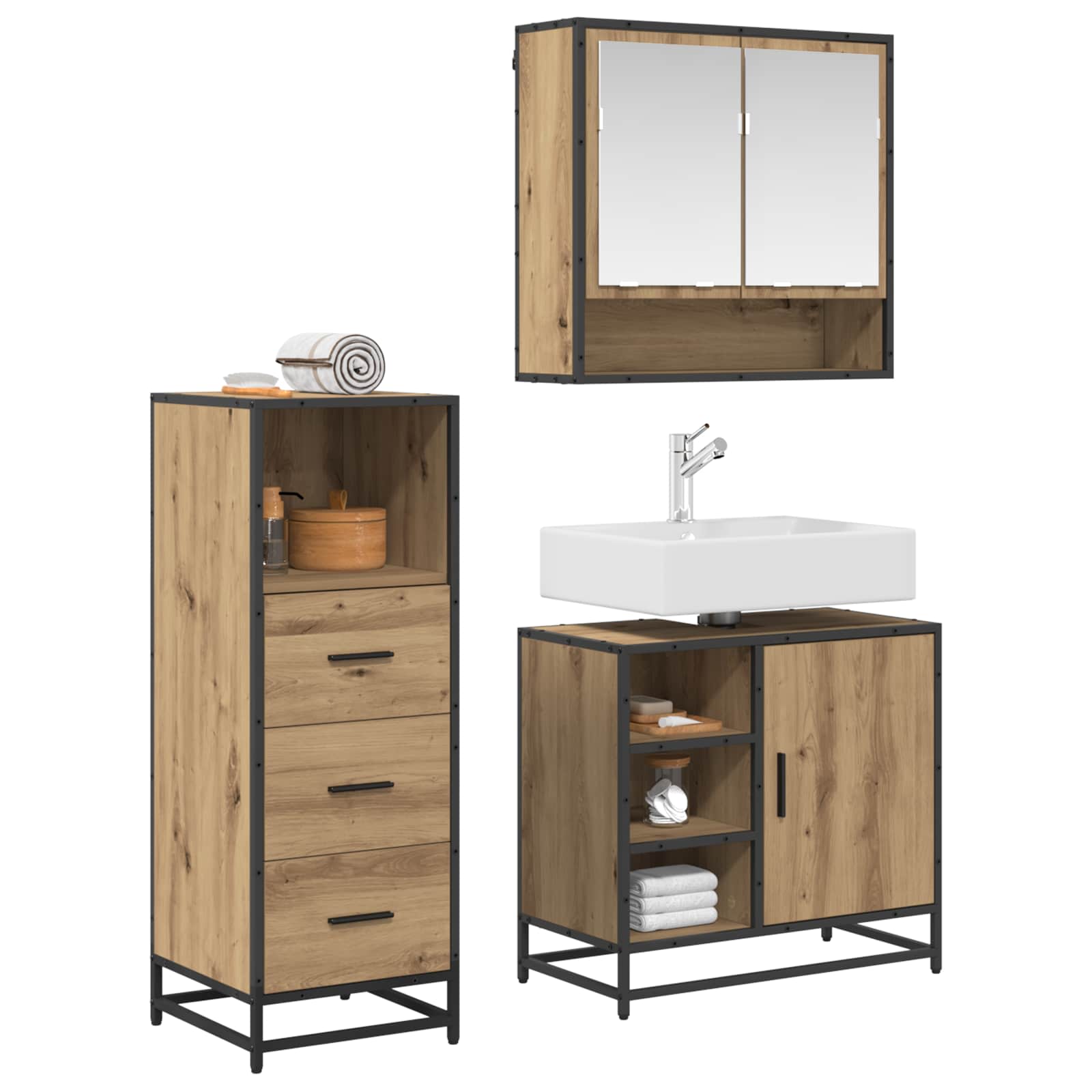 Σετ Επίπλων Μπάνιου 3 pcs Artisan Oak Επεξεργασμένο ξύλο - Pakobazaar