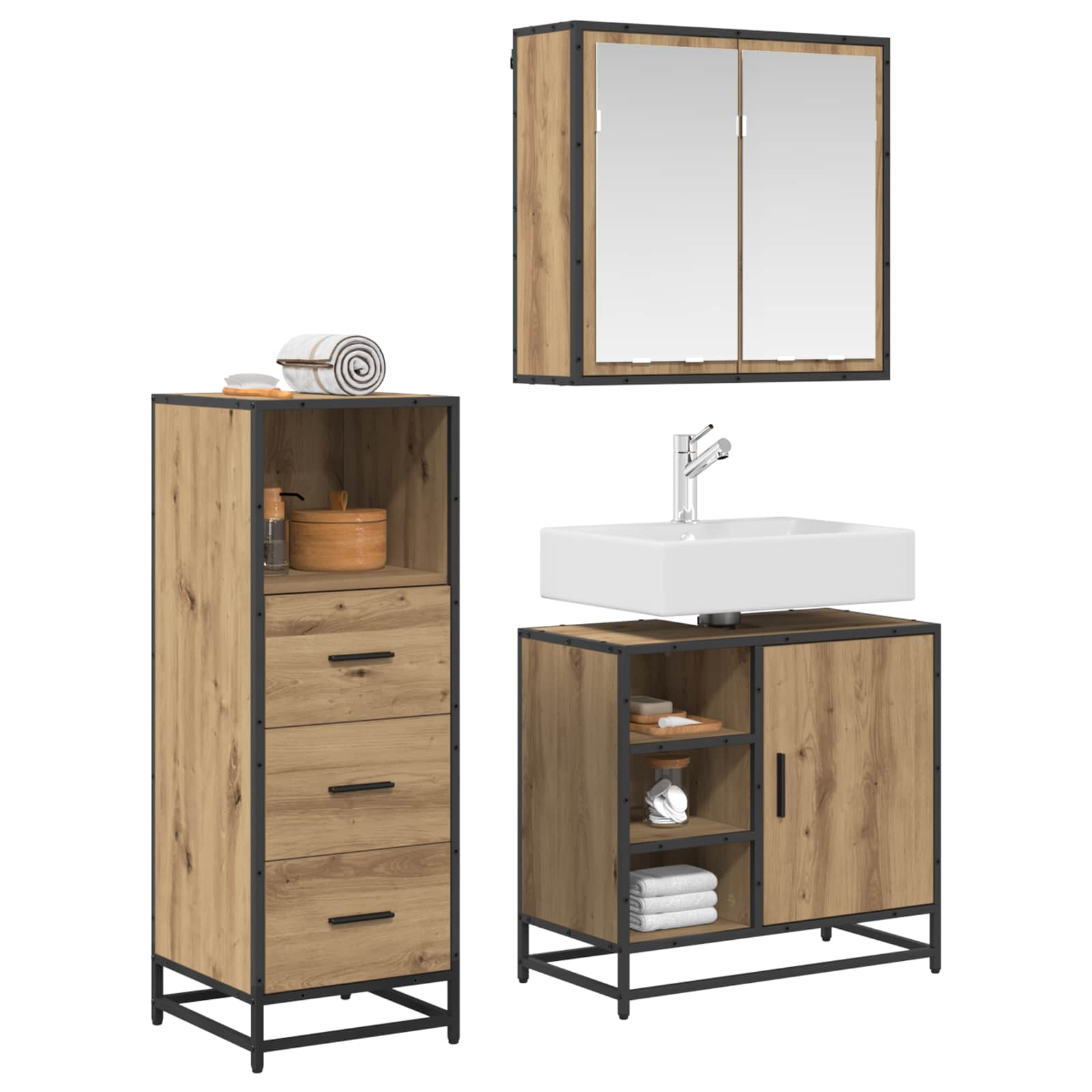 Σετ Επίπλων Μπάνιου 3 pcs Artisan Oak Επεξεργασμένο ξύλο - Pakobazaar