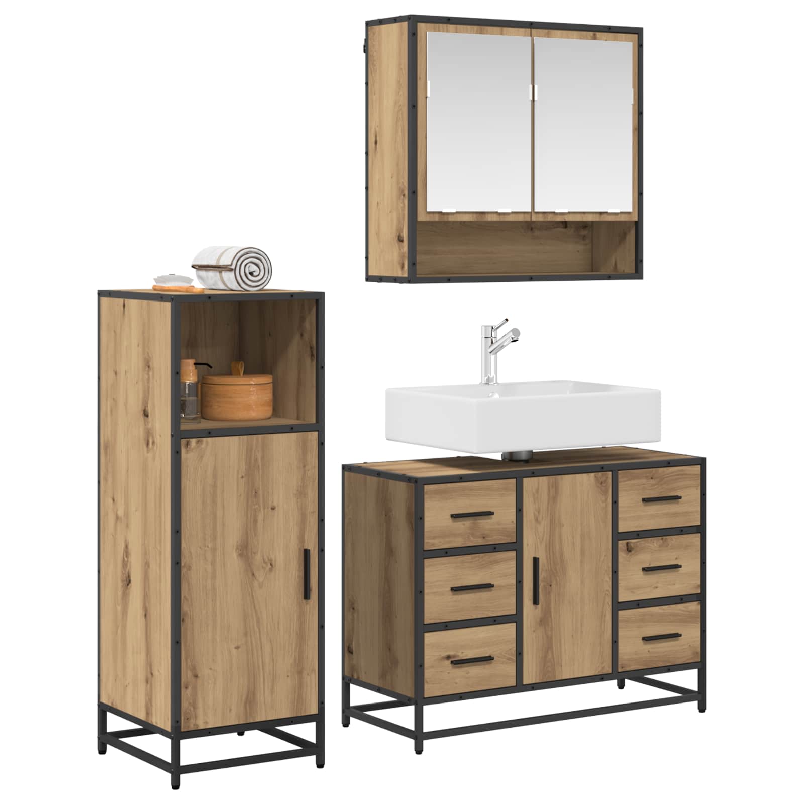 Σετ Επίπλων Μπάνιου 3 pcs Artisan Oak Επεξεργασμένο ξύλο - Pakobazaar