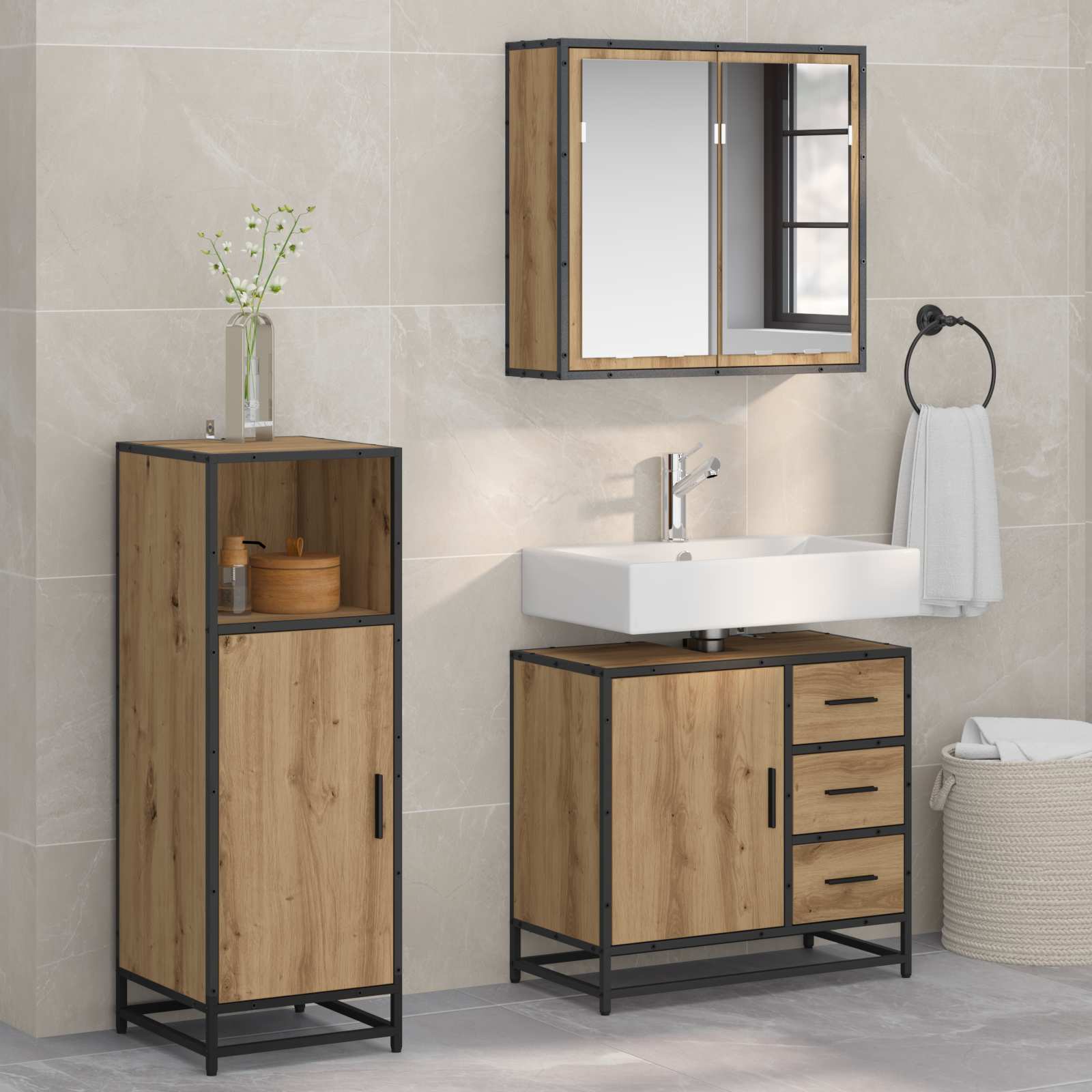 Σετ Επίπλων Μπάνιου 3 pcs Artisan Oak Επεξεργασμένο ξύλο - Pakobazaar