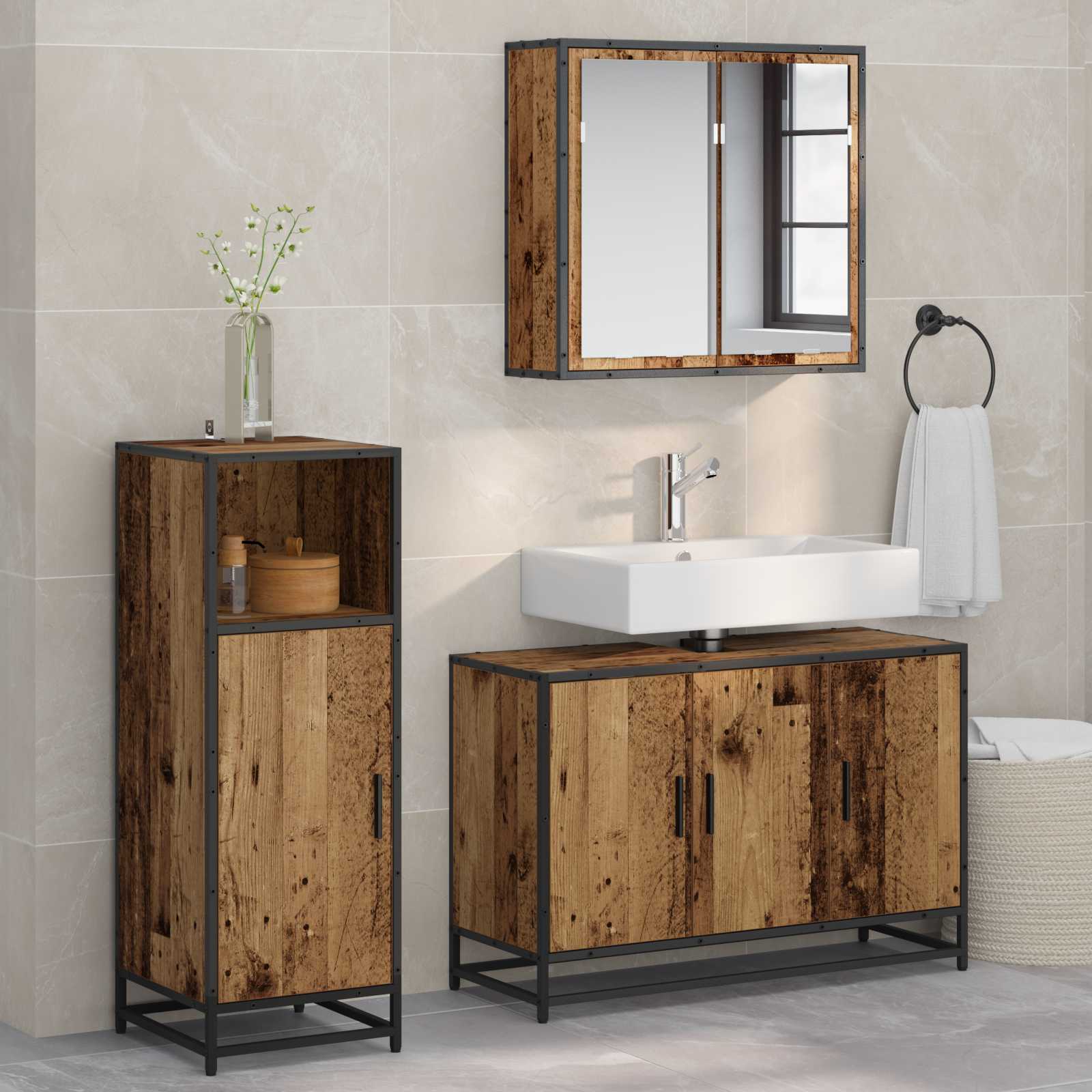 Σετ Επίπλων Μπάνιου με ράφι 3 pcs Παλιό Ξύλο Επεξεργασμένο ξύλο - Pakobazaar