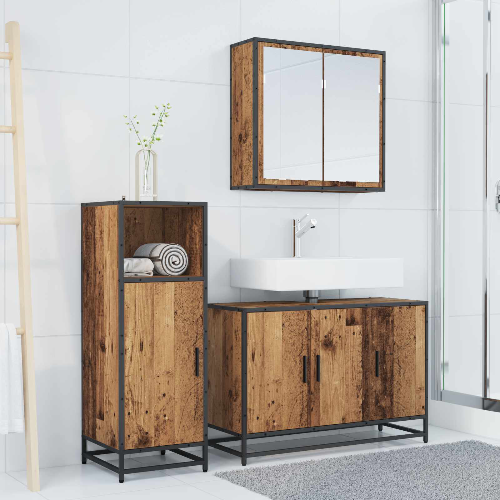 Σετ Επίπλων Μπάνιου με ράφι 3 pcs Παλιό Ξύλο Επεξεργασμένο ξύλο - Pakobazaar