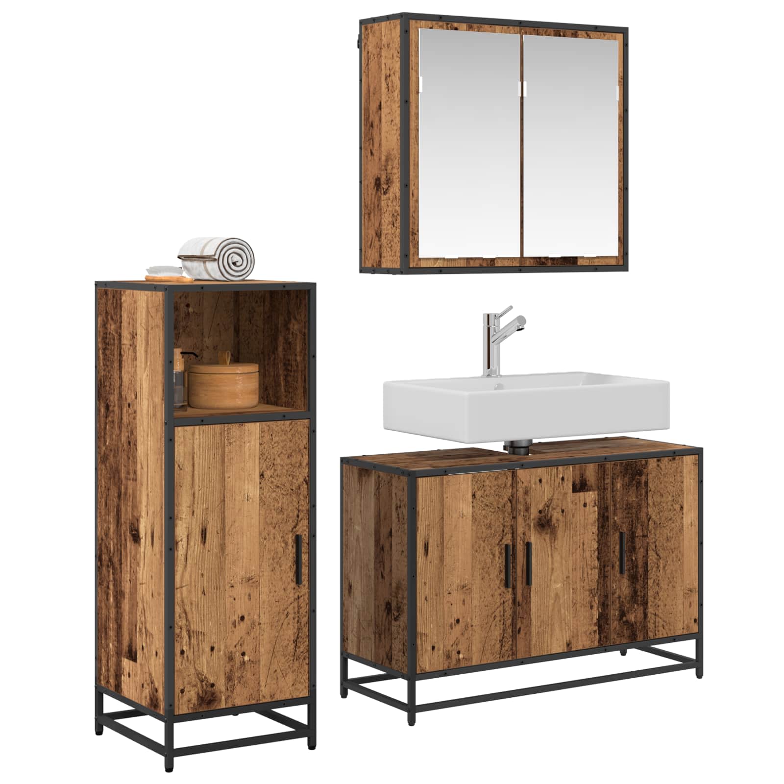 Σετ Επίπλων Μπάνιου με ράφι 3 pcs Παλιό Ξύλο Επεξεργασμένο ξύλο - Pakobazaar