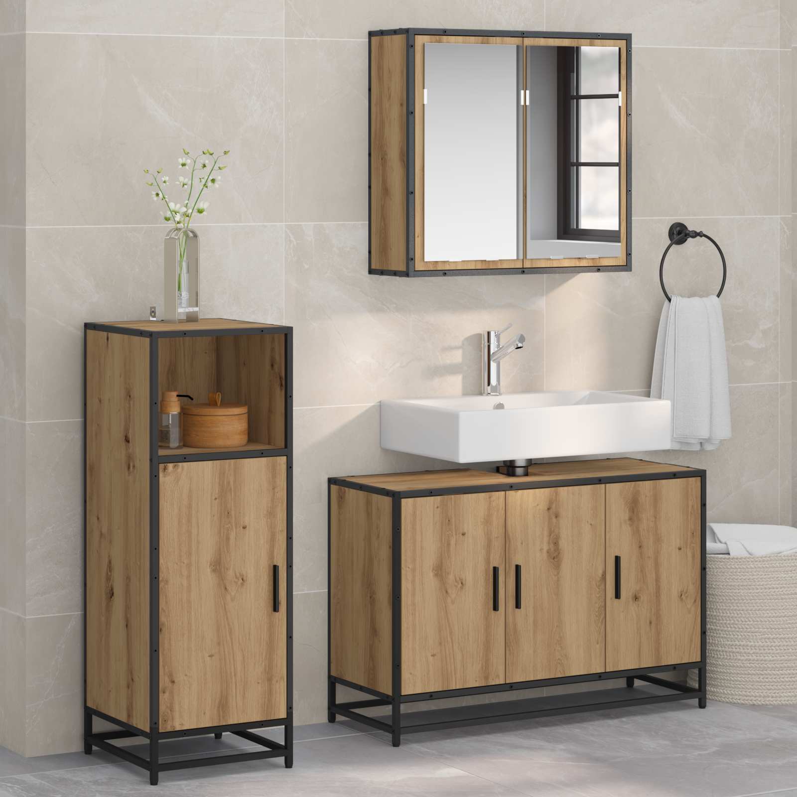 Σετ Επίπλων Μπάνιου 3 pcs Artisan Oak Επεξεργασμένο ξύλο - Pakobazaar