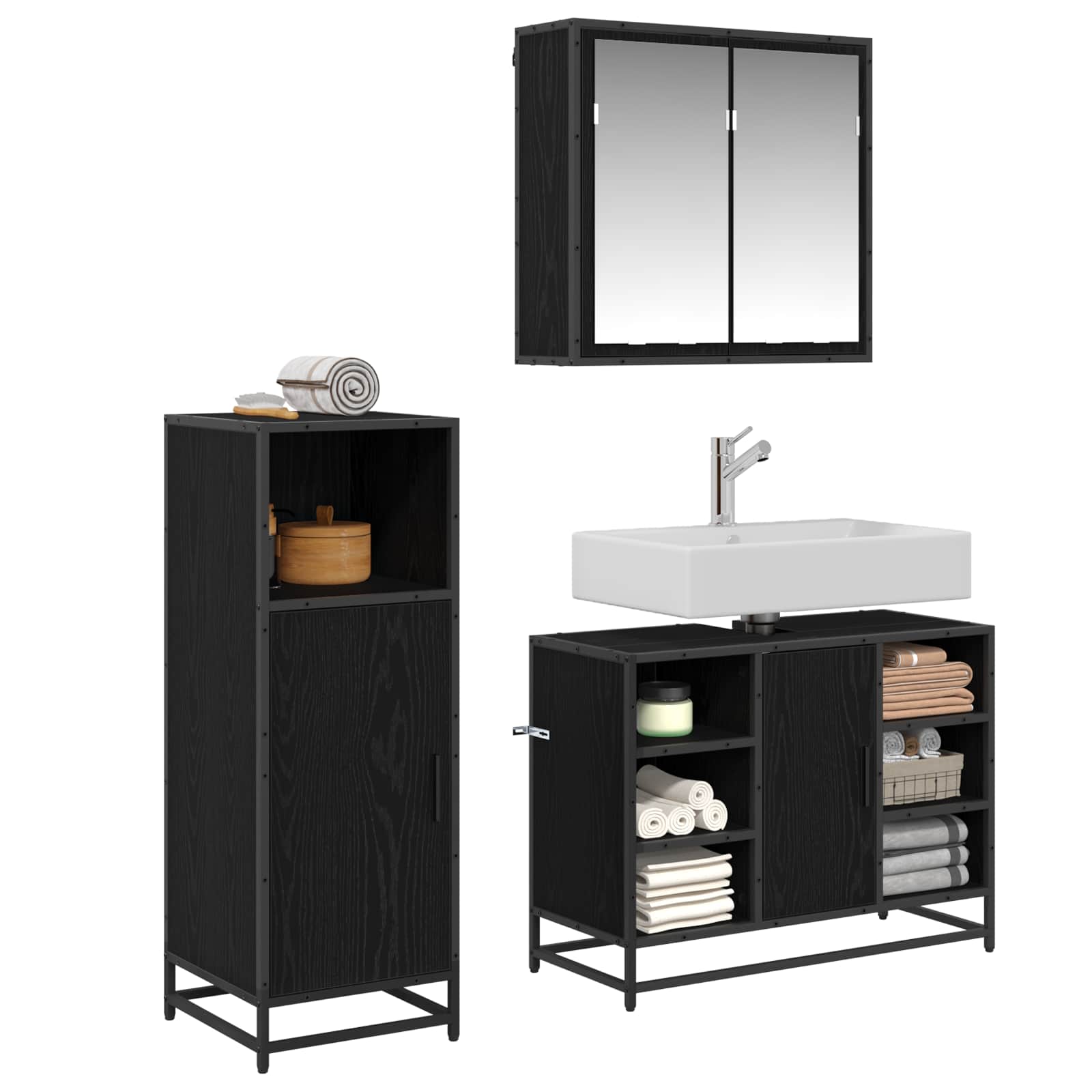 Σετ Επίπλων Μπάνιου με ράφι 3 pcs Μαύρη Οξυά Επεξεργασμένο ξύλο