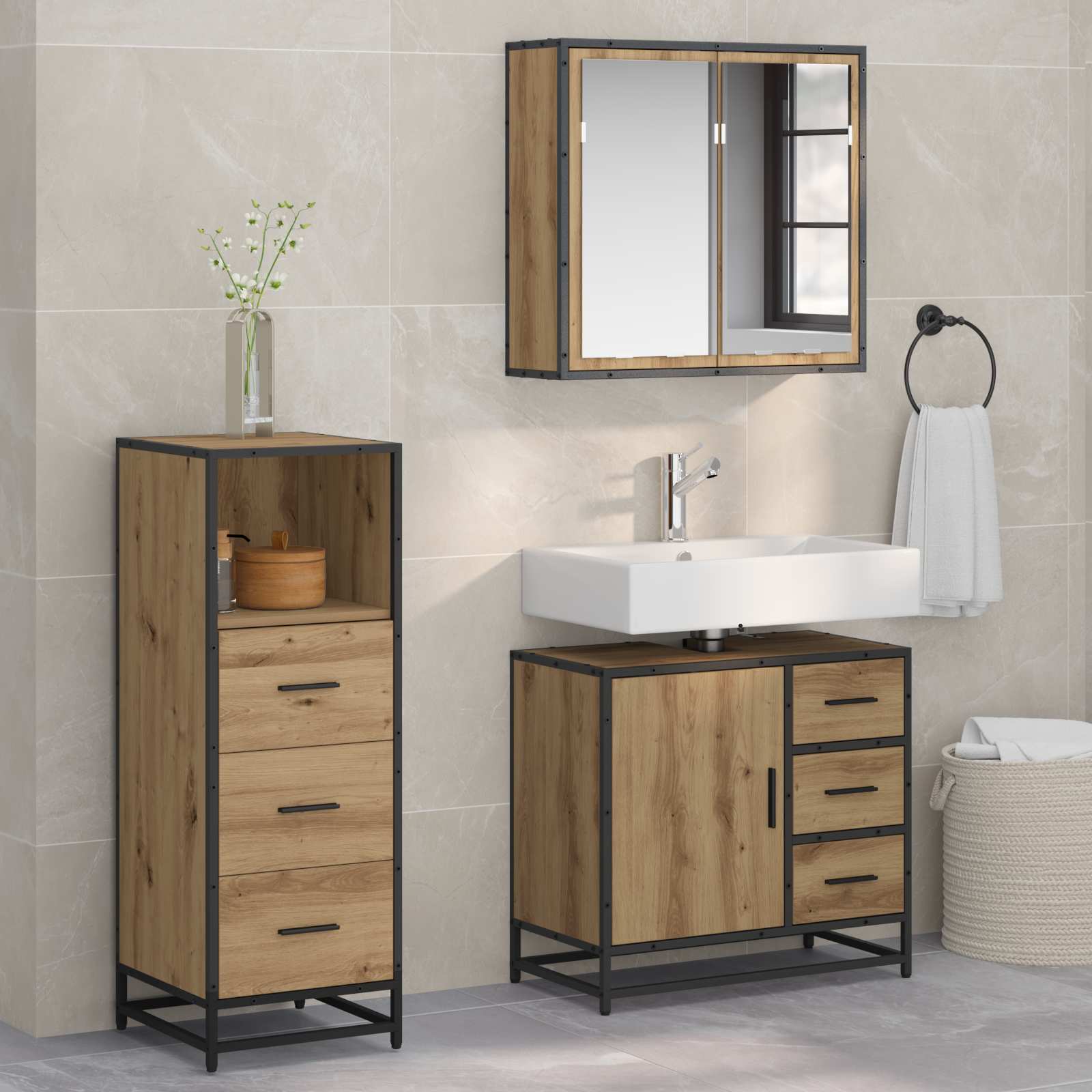 Σετ Επίπλων Μπάνιου 3 pcs Artisan Oak Επεξεργασμένο ξύλο - Pakobazaar