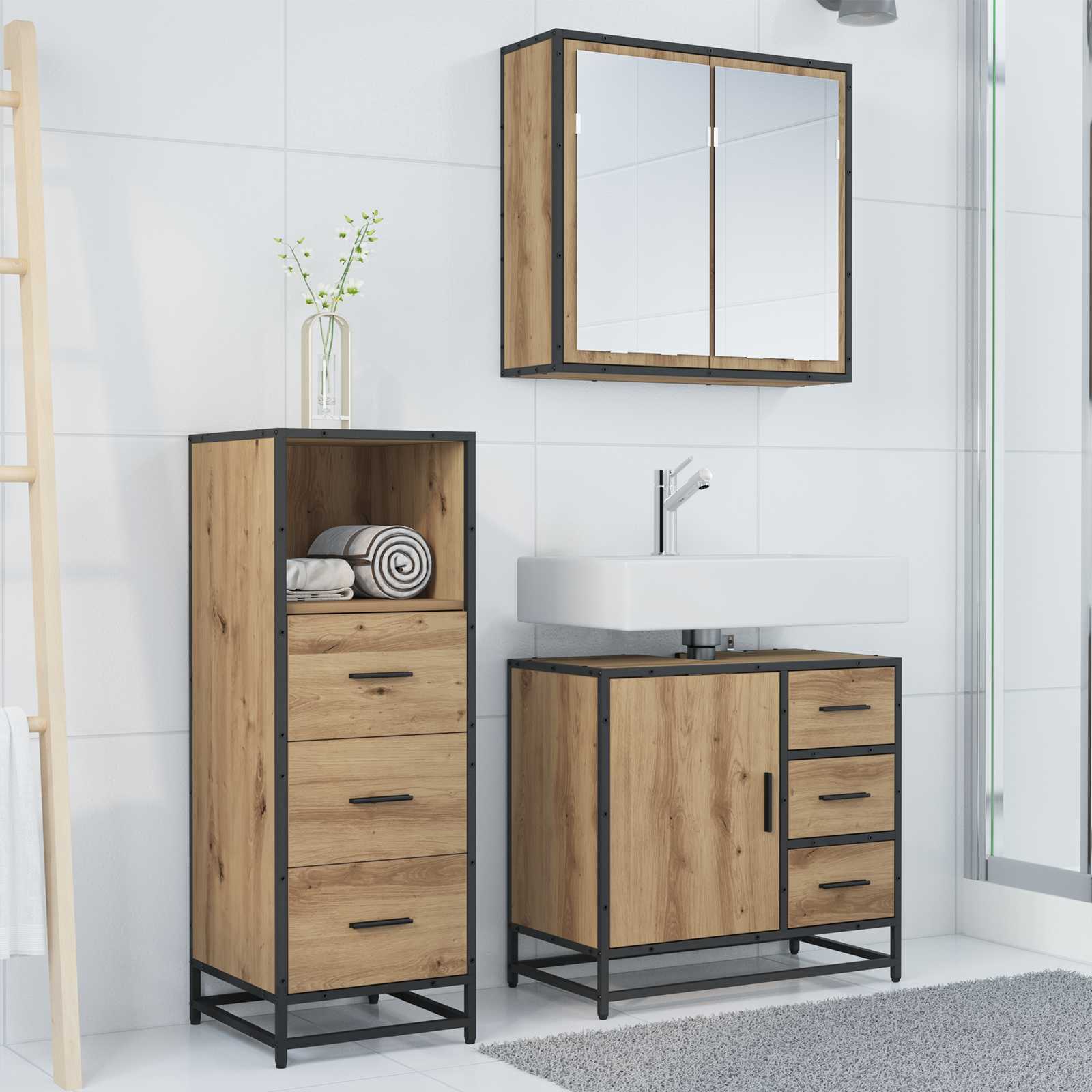Σετ Επίπλων Μπάνιου 3 pcs Artisan Oak Επεξεργασμένο ξύλο - Pakobazaar