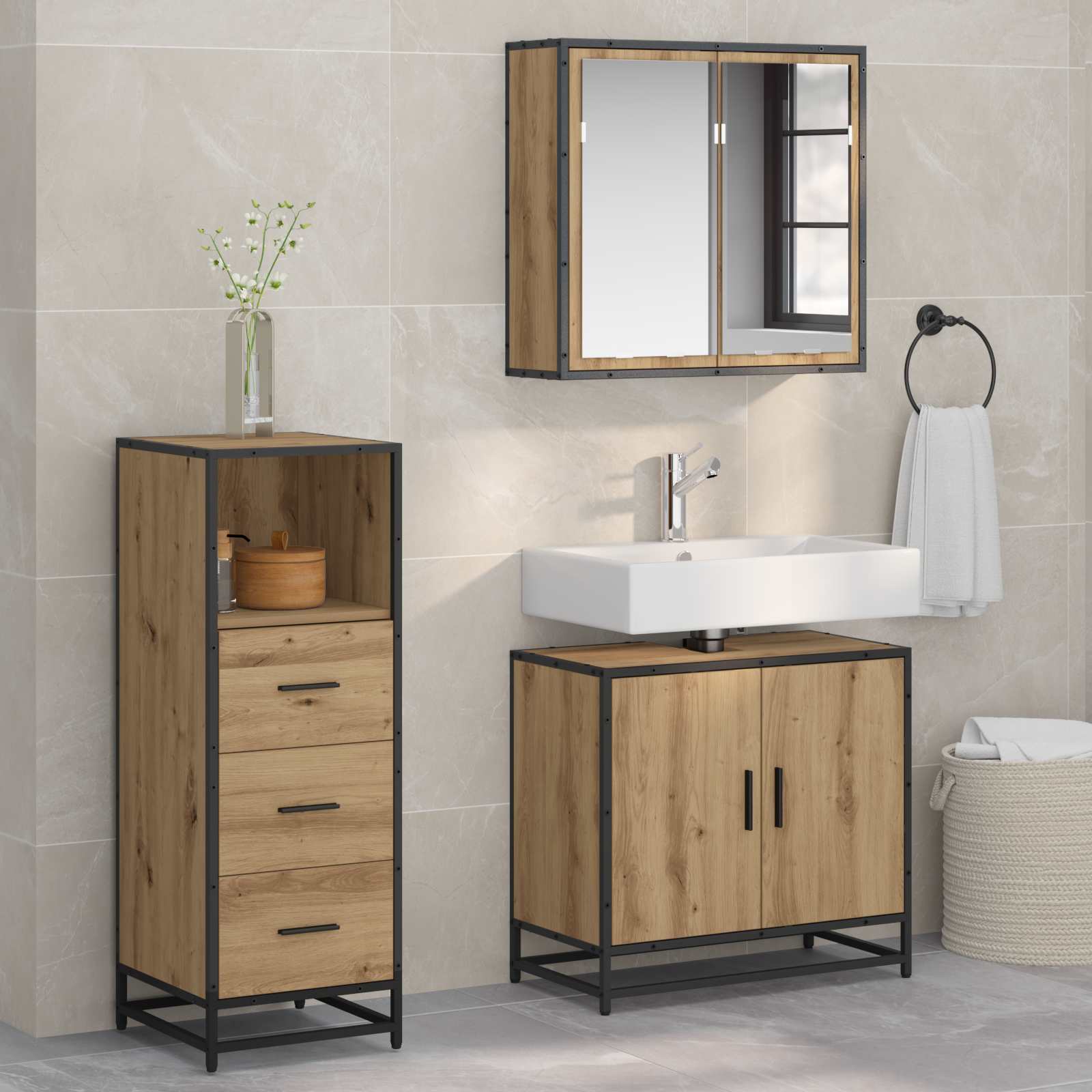 Σετ Επίπλων Μπάνιου 3 pcs Artisan Oak Επεξεργασμένο ξύλο - Pakobazaar