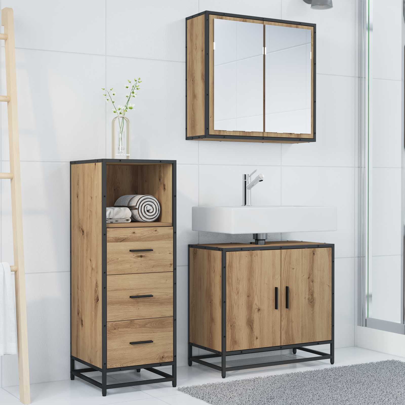 Σετ Επίπλων Μπάνιου 3 pcs Artisan Oak Επεξεργασμένο ξύλο - Pakobazaar