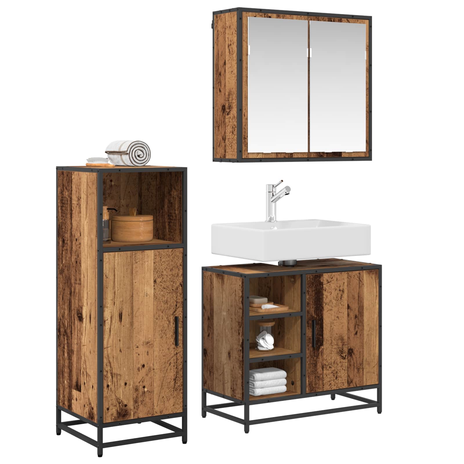 Σετ Επίπλων Μπάνιου με ράφι 3 pcs Παλιό Ξύλο Επεξεργασμένο ξύλο - Pakobazaar