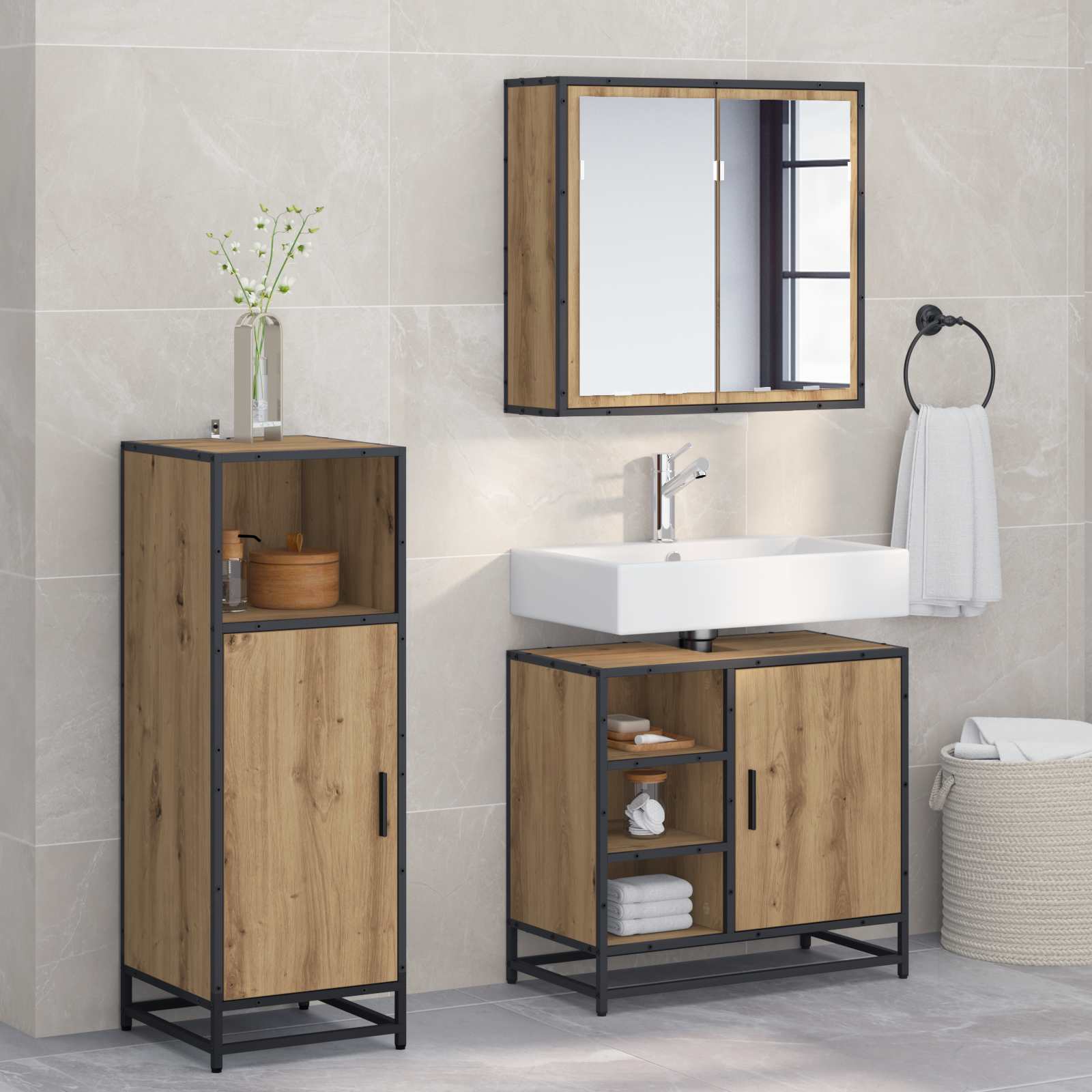 Σετ Επίπλων Μπάνιου 3 pcs Artisan Oak Επεξεργασμένο ξύλο - Pakobazaar