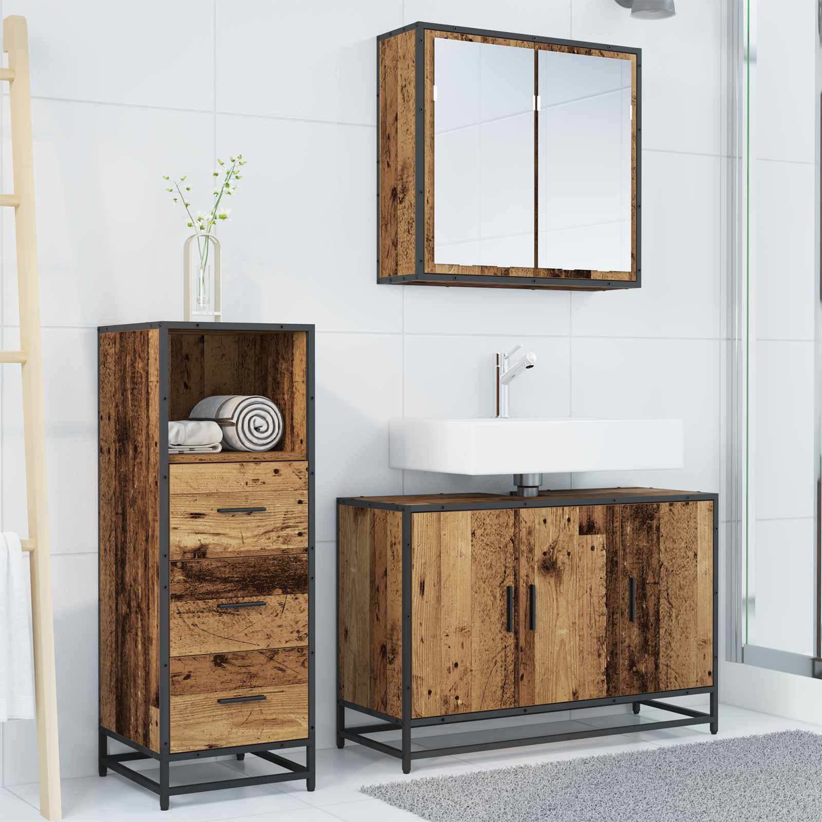 Σετ Επίπλων Μπάνιου με ράφι 3 pcs Παλιό Ξύλο Επεξεργασμένο ξύλο