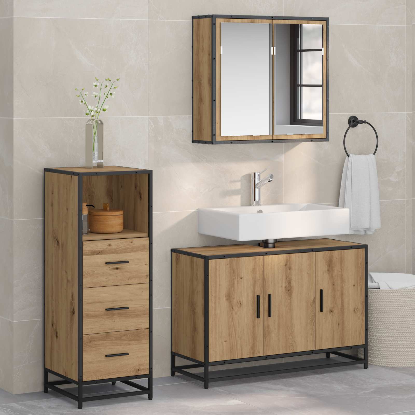 Σετ Επίπλων Μπάνιου 3 pcs Artisan Oak Επεξεργασμένο ξύλο - Pakobazaar