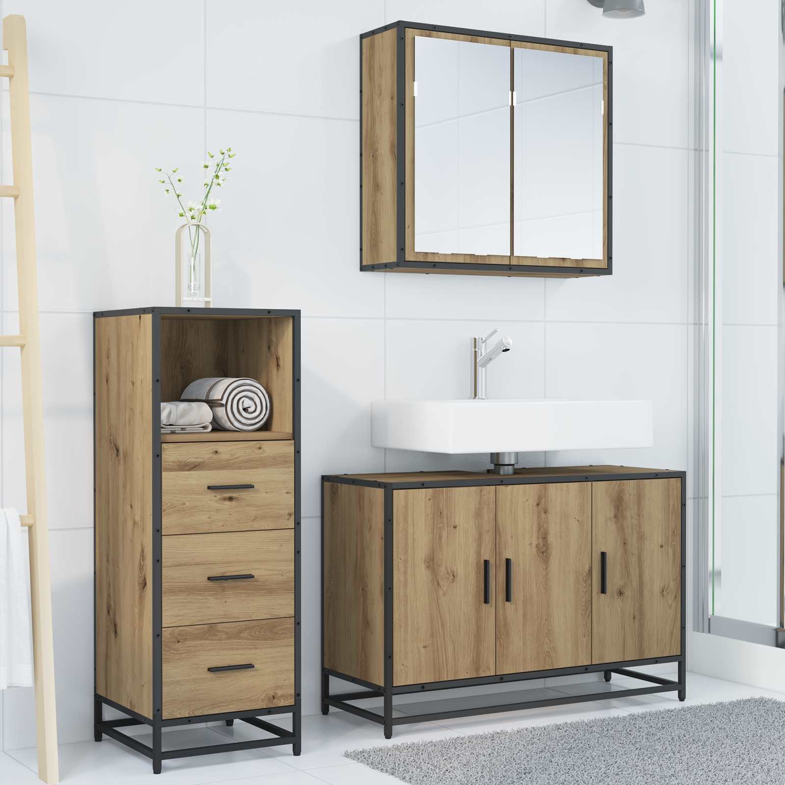 Σετ Επίπλων Μπάνιου 3 pcs Artisan Oak Επεξεργασμένο ξύλο - Pakobazaar