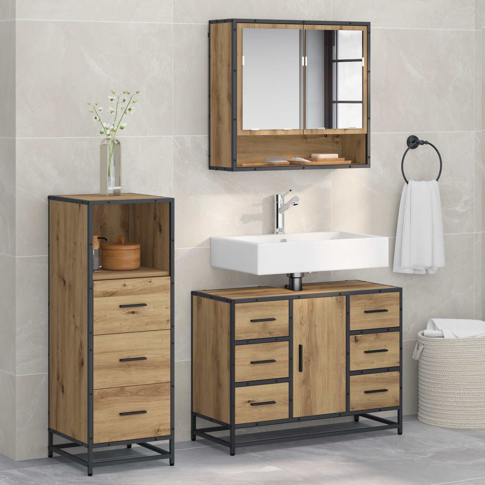 Σετ Επίπλων Μπάνιου 3 pcs Artisan Oak Επεξεργασμένο ξύλο - Pakobazaar
