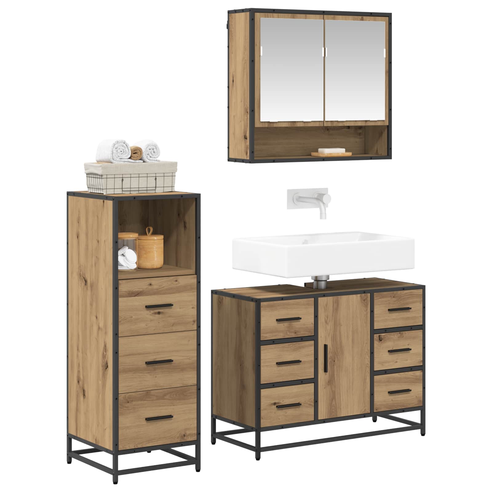 Σετ Επίπλων Μπάνιου 3 pcs Artisan Oak Επεξεργασμένο ξύλο - Pakobazaar