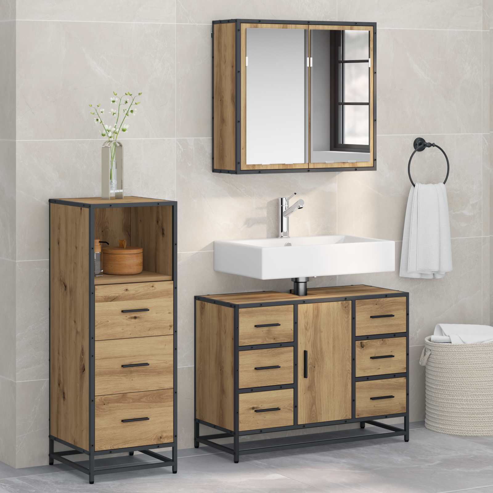 Σετ Επίπλων Μπάνιου 3 pcs Artisan Oak Επεξεργασμένο ξύλο - Pakobazaar