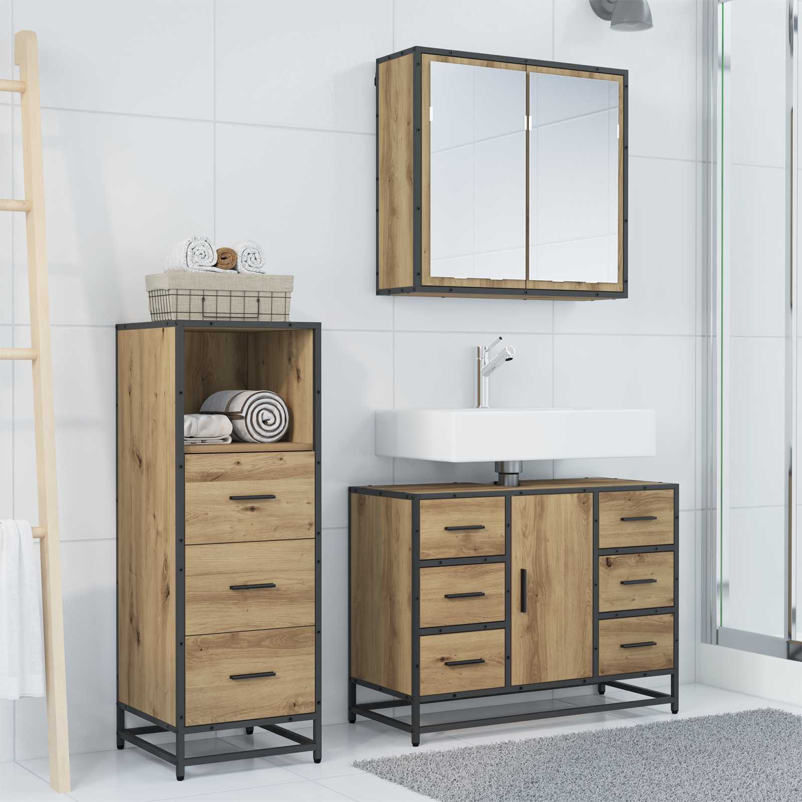 Σετ Επίπλων Μπάνιου 3 pcs Artisan Oak Επεξεργασμένο ξύλο - Pakobazaar