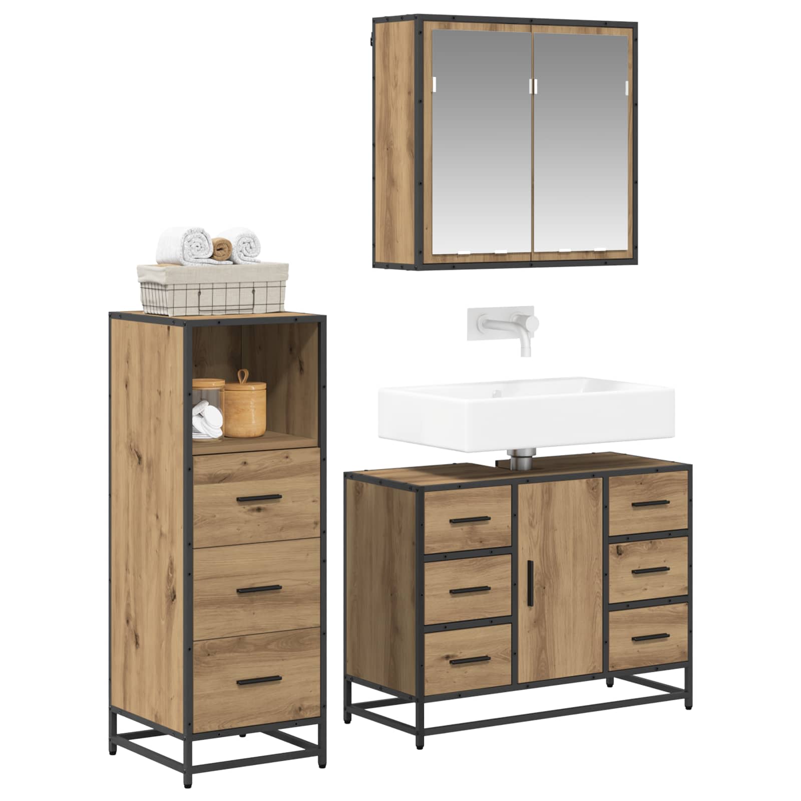 Σετ Επίπλων Μπάνιου 3 pcs Artisan Oak Επεξεργασμένο ξύλο - Pakobazaar
