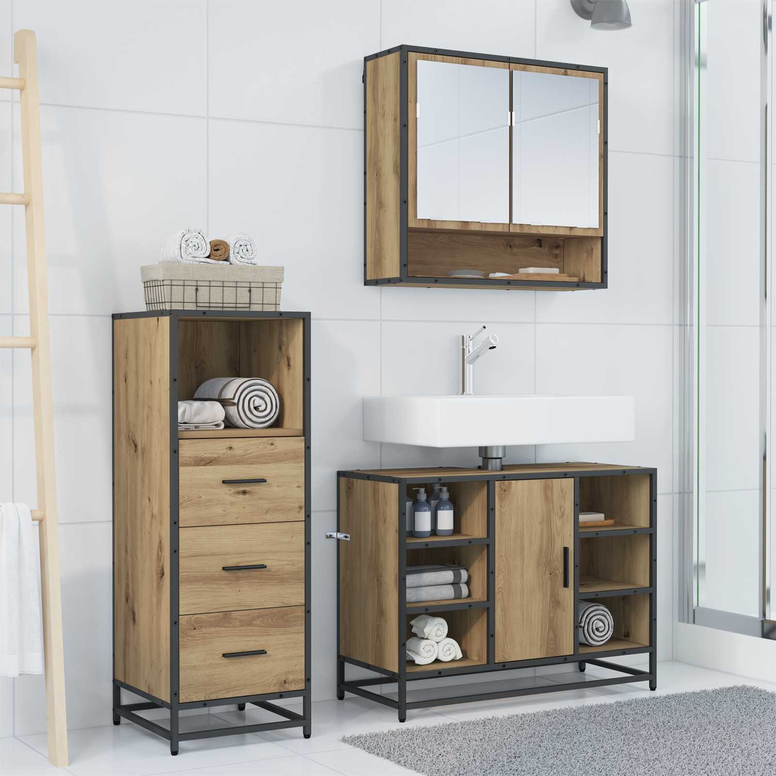 Σετ Επίπλων Μπάνιου 3 pcs Artisan Oak Επεξεργασμένο ξύλο - Pakobazaar