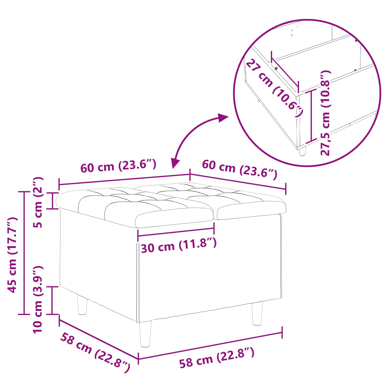 Οθωμανικό αποθήκευσης Γκρι 60 x 60 x 45 cm Τεχνητό δέρμα