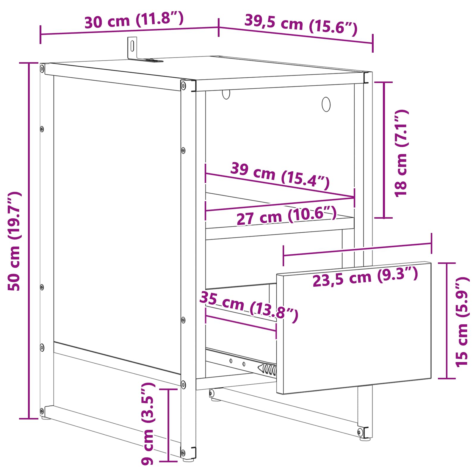 Κομοδίνο Καπνιστό Δρύς 39,5 x 30 x 50 εκ Επεξεργασμένο ξύλο