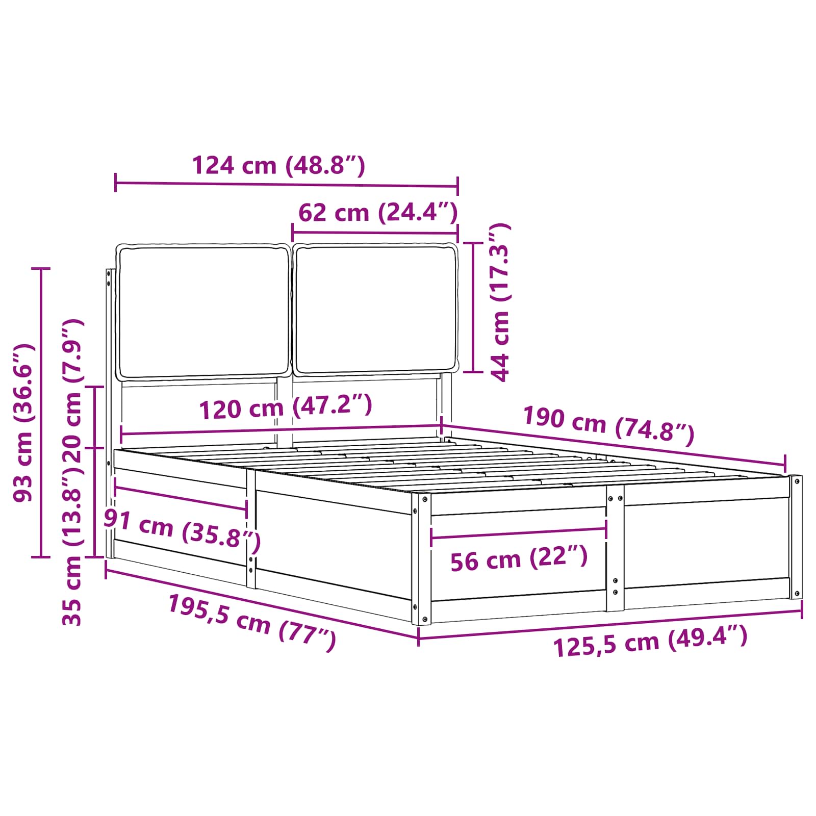 Σκελετός Κρεβατιού με Επενδεδυμένο Κεφαλάρι Μαύρο 120 x 190 cm