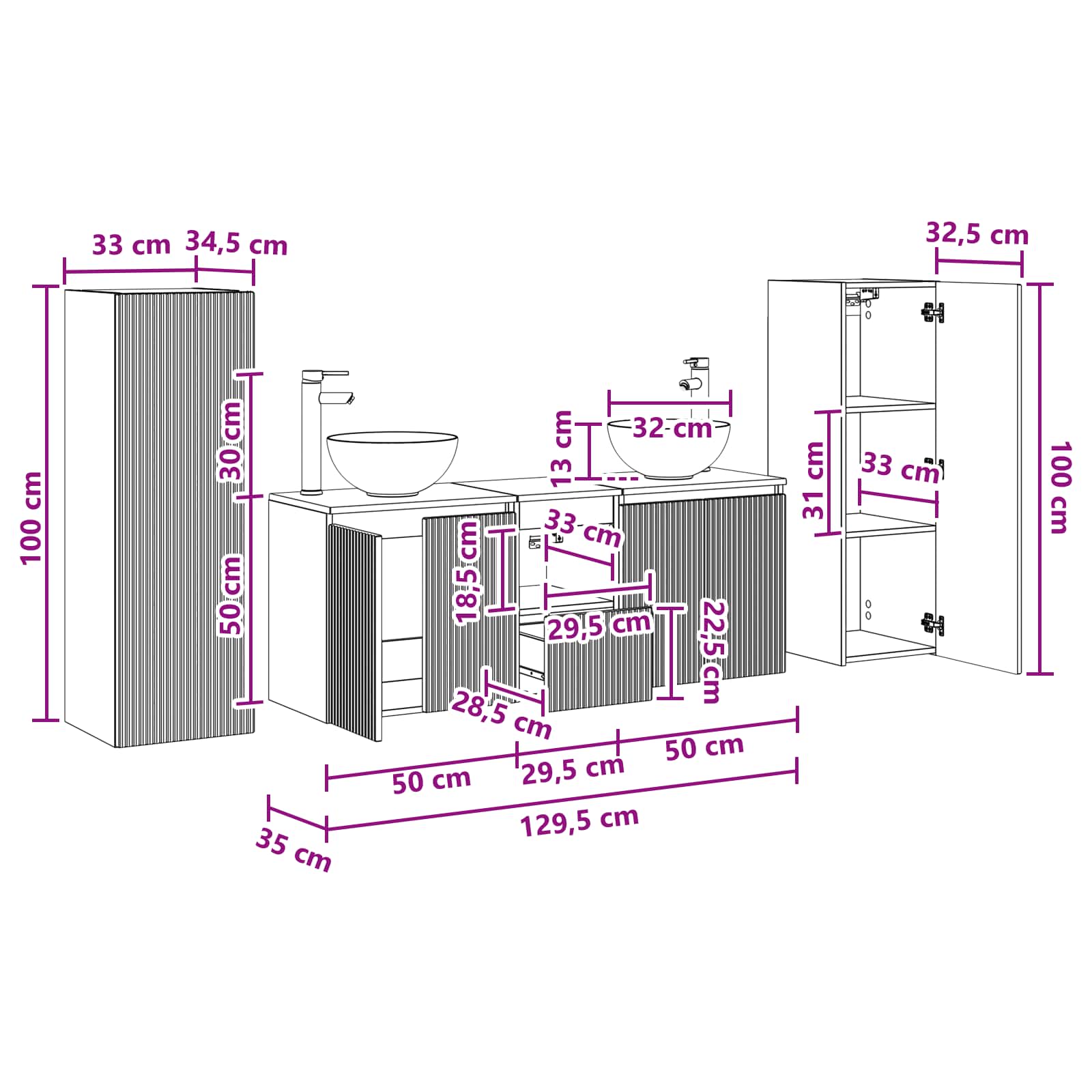 Σετ Επίπλων Μπάνιου 5 τμχ. Μαύρο 33 x 34,5 x 100 εκ - Pakobazaar