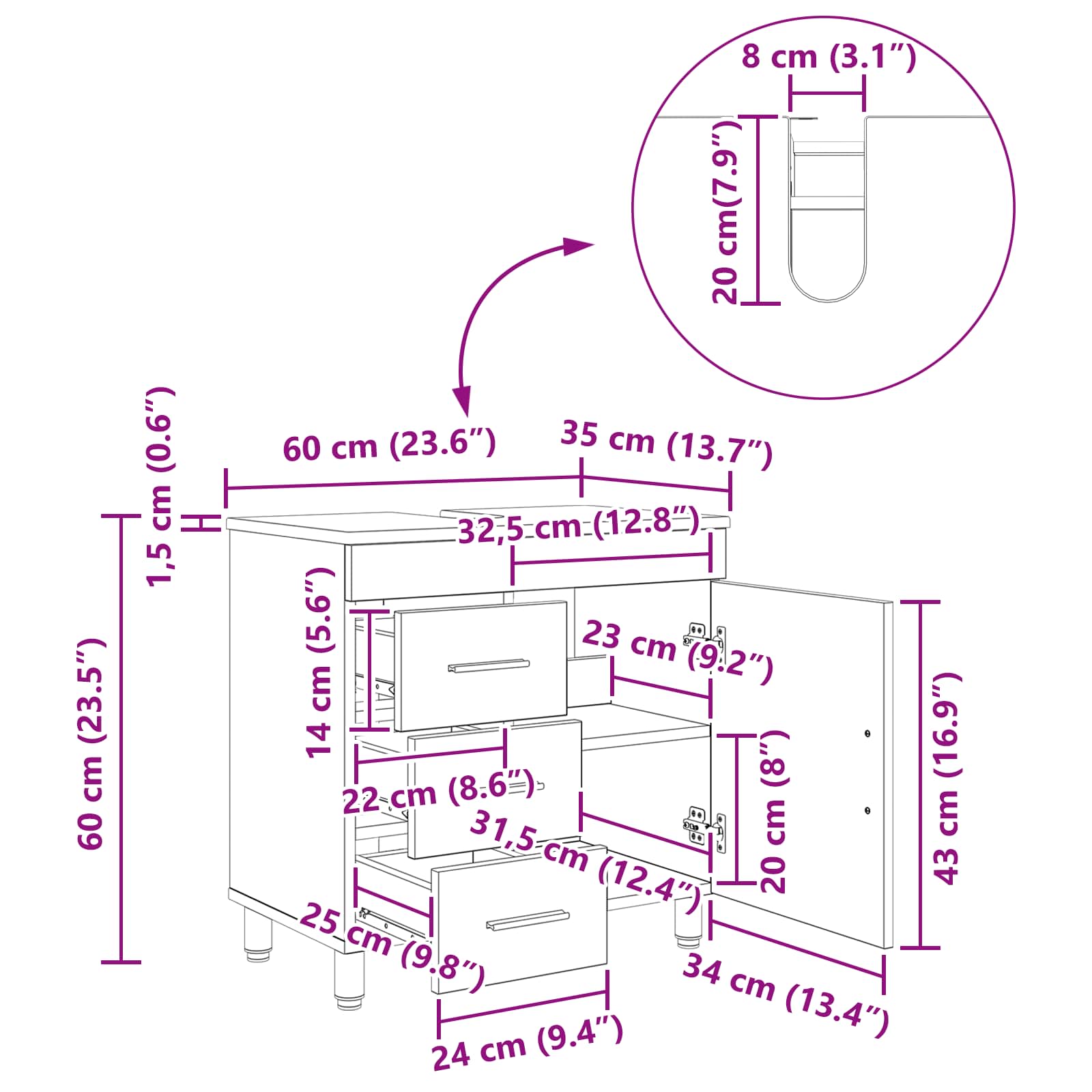 Έπιπλο μπάνιου Καπνισμένο Ξύλο Δρυός 60 x 35 x 60 εκ. - Pakobazaar