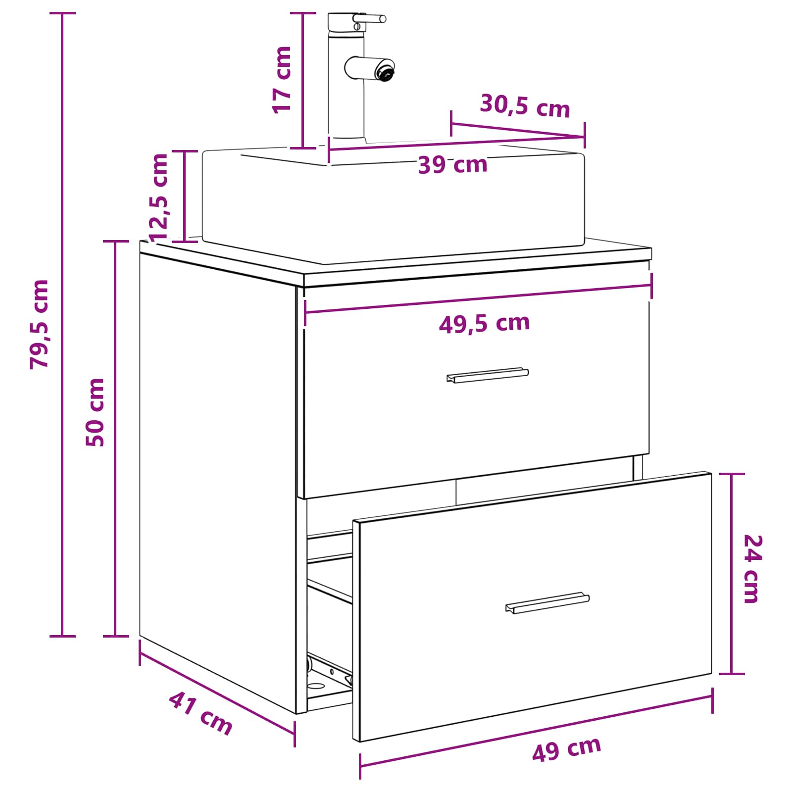Επιτοίχια Λεκάνη Έπιπλο Μαύρη Δρυς 49,5 x 41 x 62,5 εκ - Pakobazaar